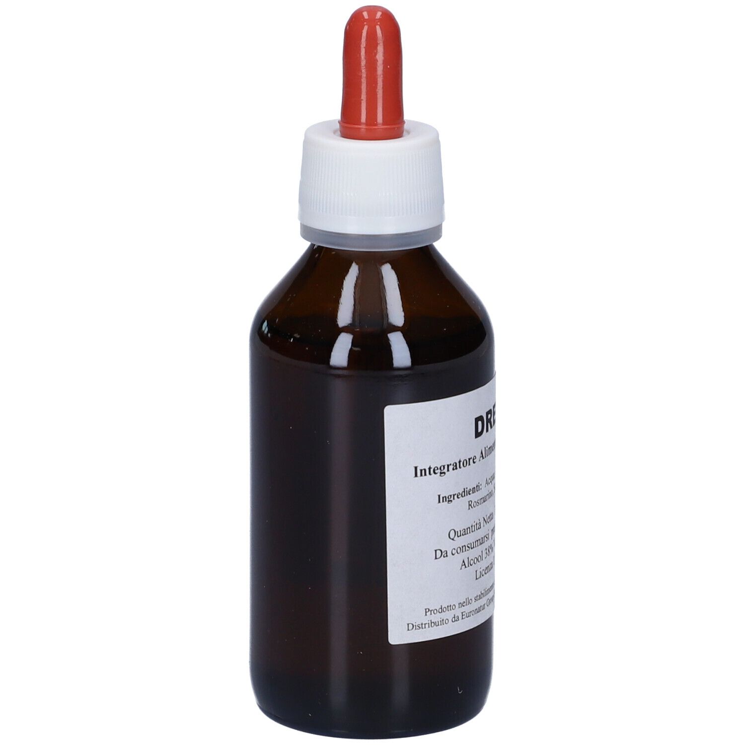 Flacone di vetro marrone con etichetta bianca e contagocce rosso. L'etichetta riporta "Drenolinf".
