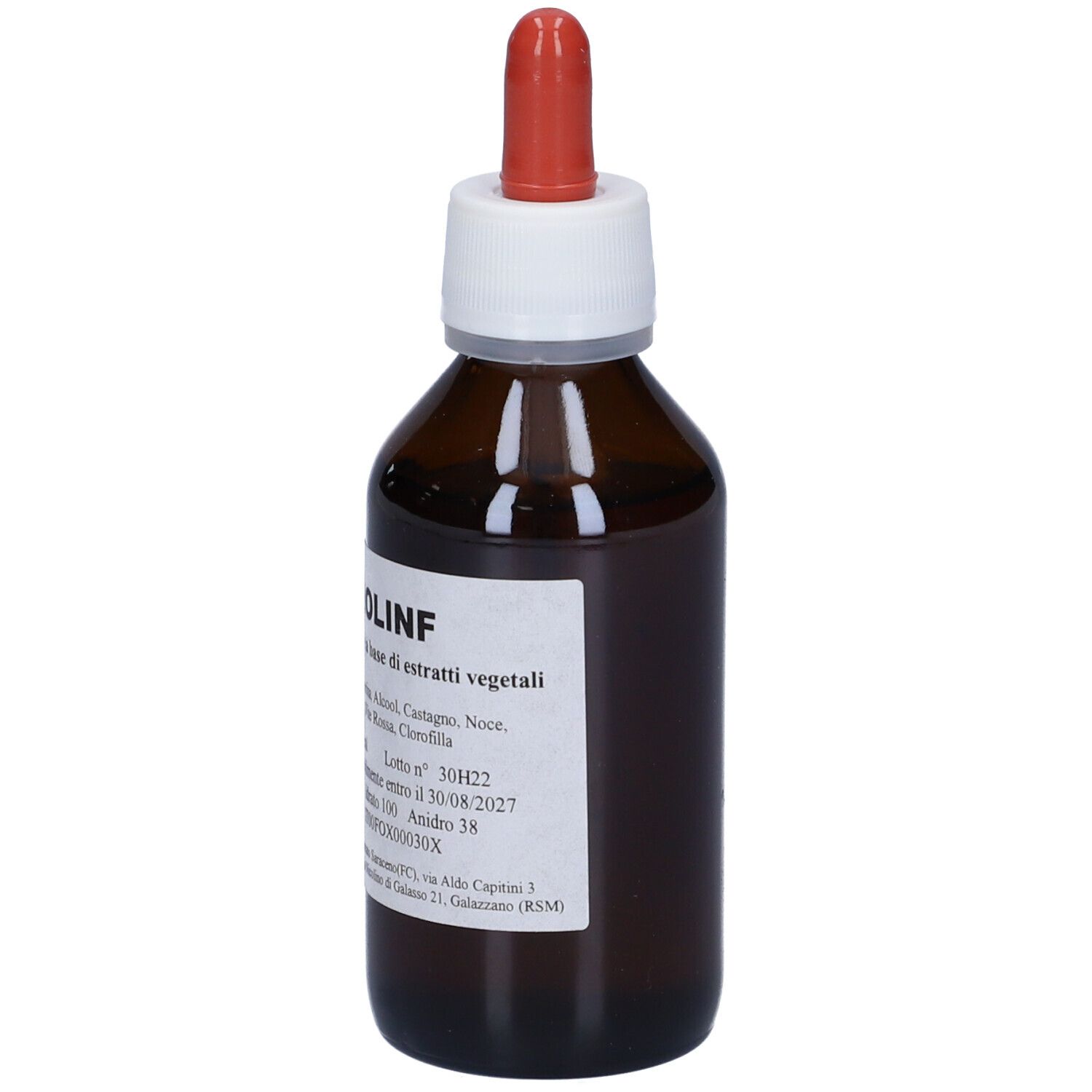 Flacone di vetro marrone con etichetta bianca e contagocce rosso. L'etichetta riporta "Drenolinf".