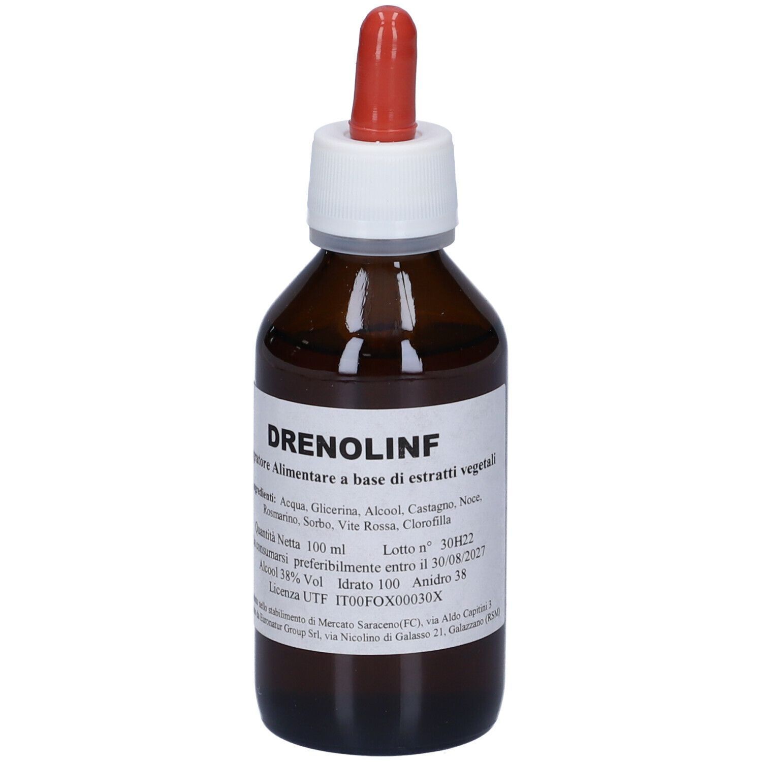 Flacone di vetro marrone con etichetta bianca e contagocce rosso. L'etichetta riporta "Drenolinf".