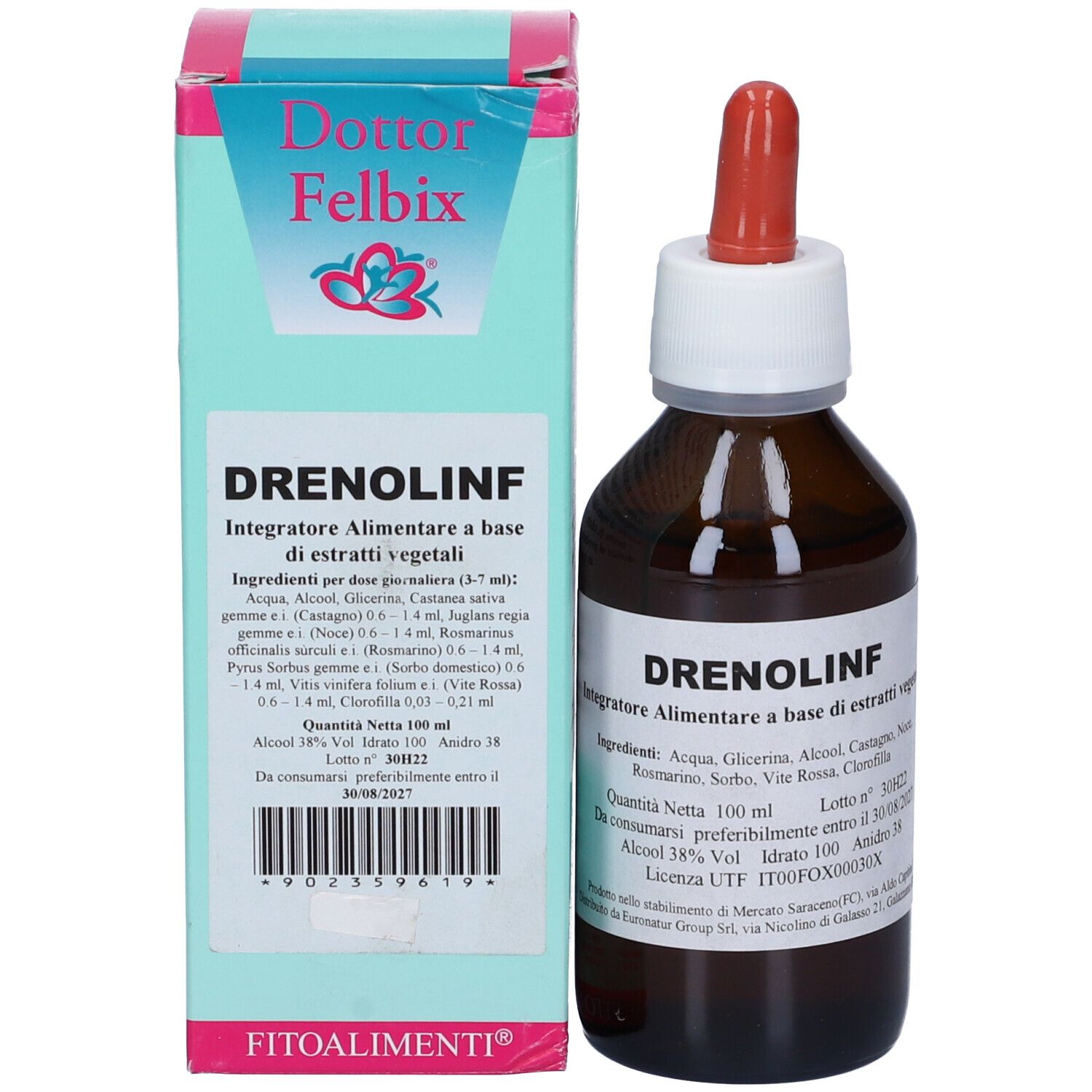 Flacone di vetro marrone con etichetta bianca e contagocce rosso, accanto a una scatola azzurra. L'etichetta riporta "Drenolinf".