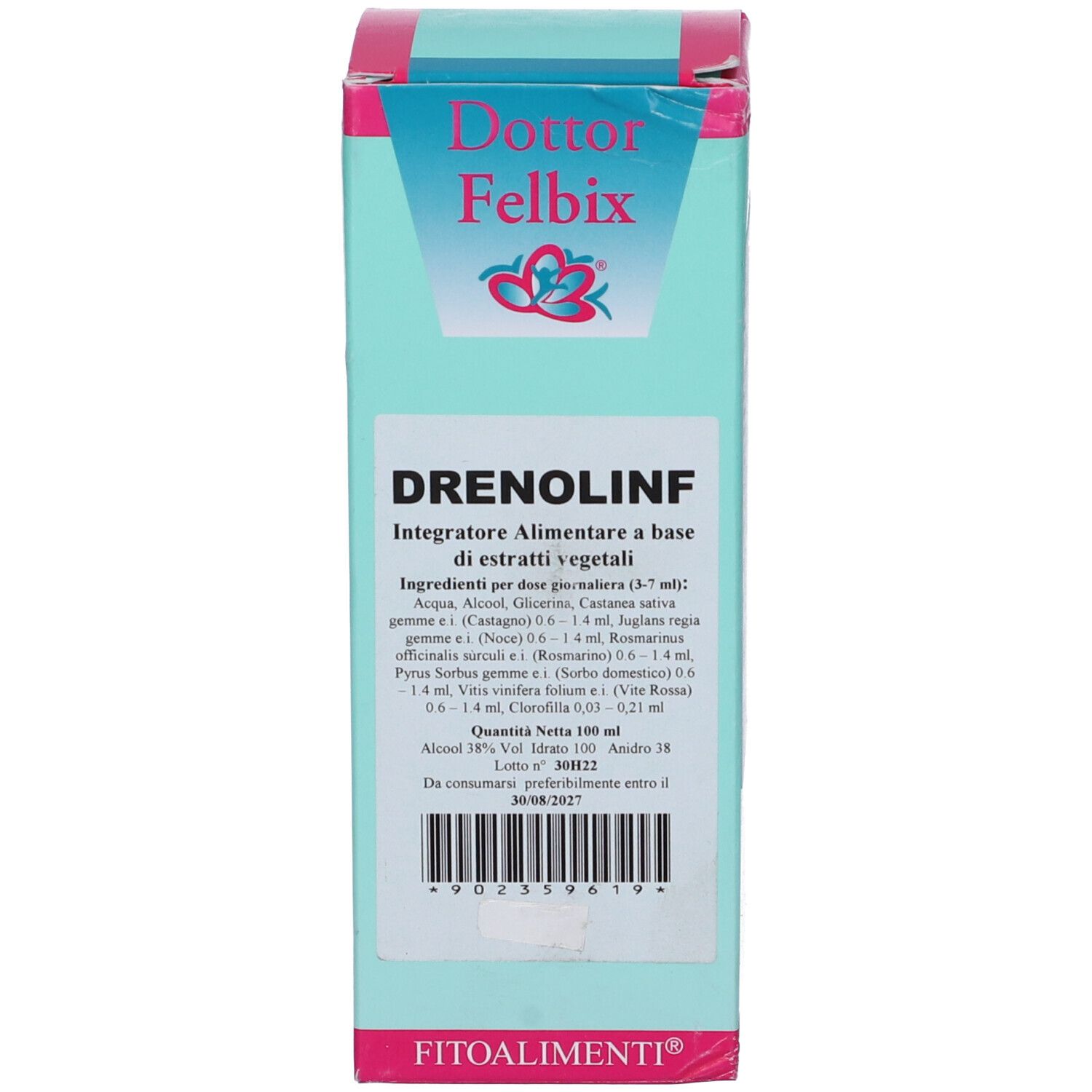 Scatola azzurra con testo bianco. La scatola indica "Dottor Felbix" e "Drenolinf".