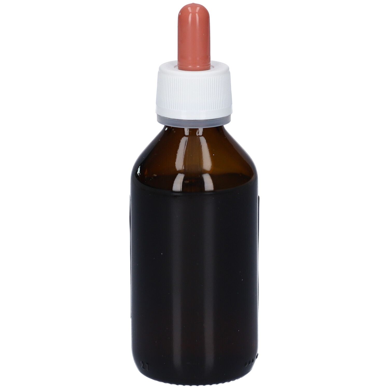 Flacone di vetro marrone con tappo bianco e contagocce rosa. Liquido visibile all'interno.