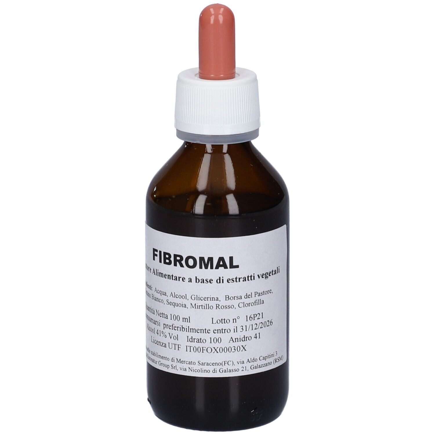 Flacone di vetro marrone con tappo bianco e contagocce rosa. Etichetta con informazioni sul prodotto. Liquido visibile.