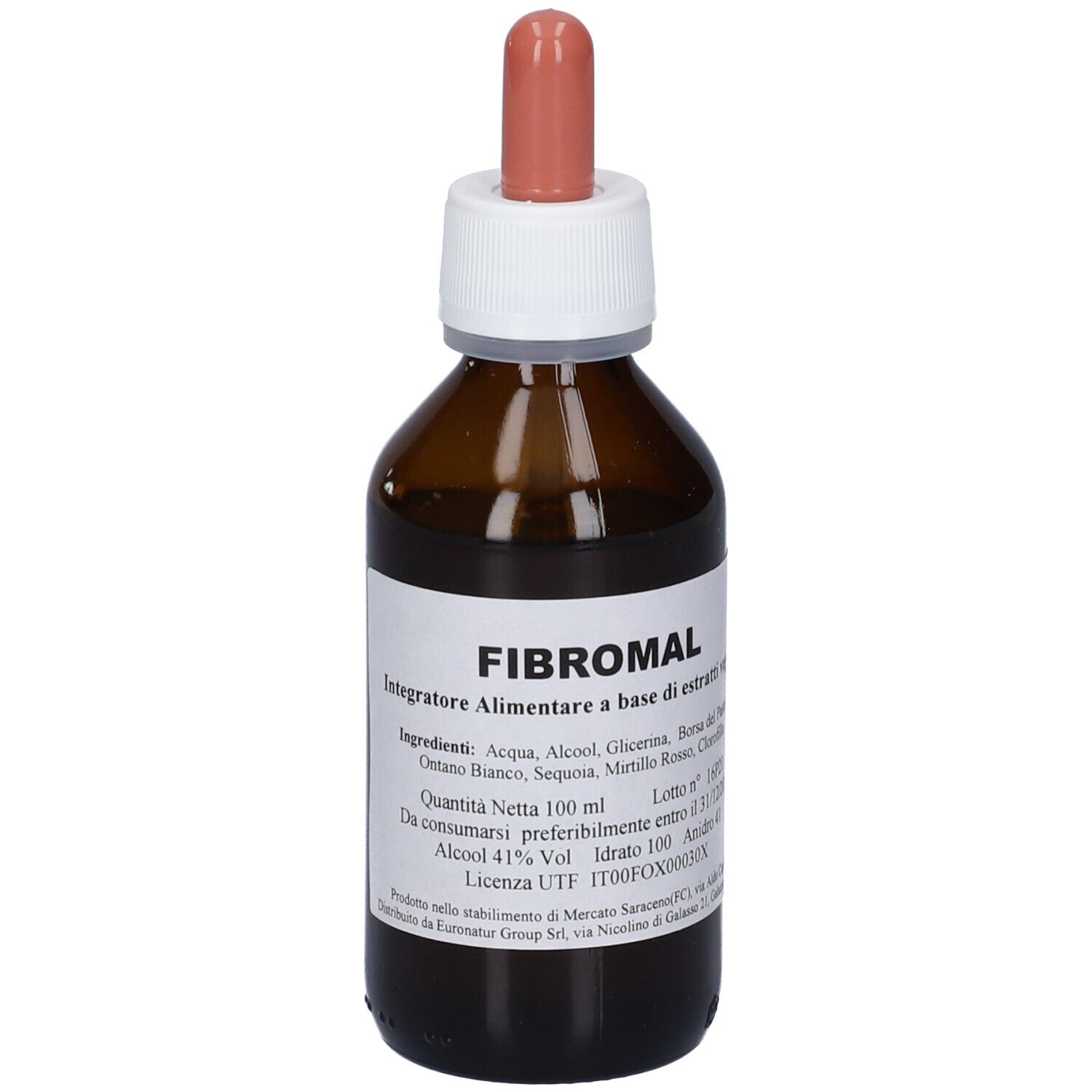 Flacone di vetro marrone con tappo bianco e contagocce rosa. Etichetta con informazioni sul prodotto. Liquido visibile.