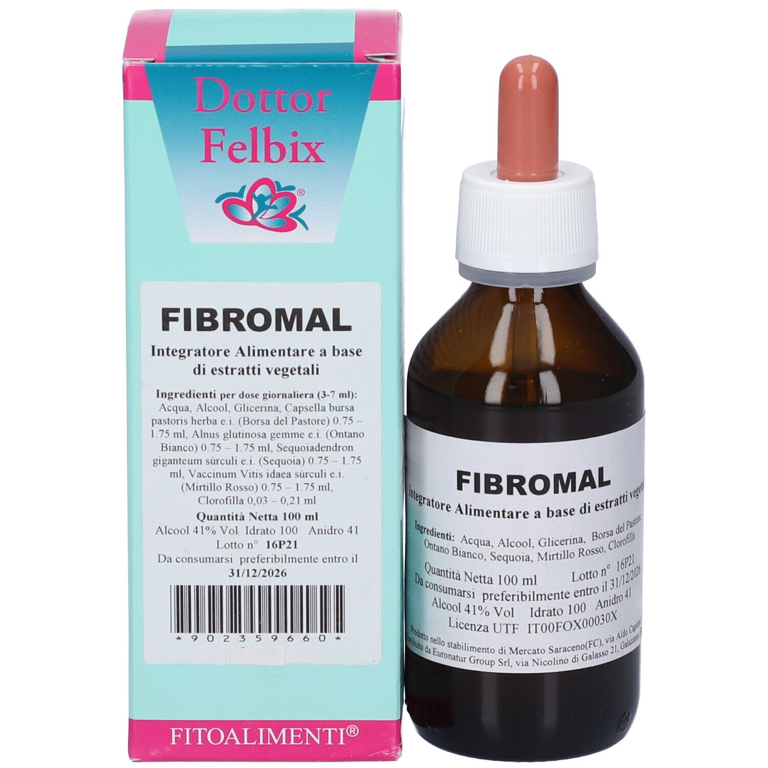 Flacone del prodotto con confezione. Flacone marrone con tappo bianco e contagocce rosa. Scatola con nome del prodotto e logo.