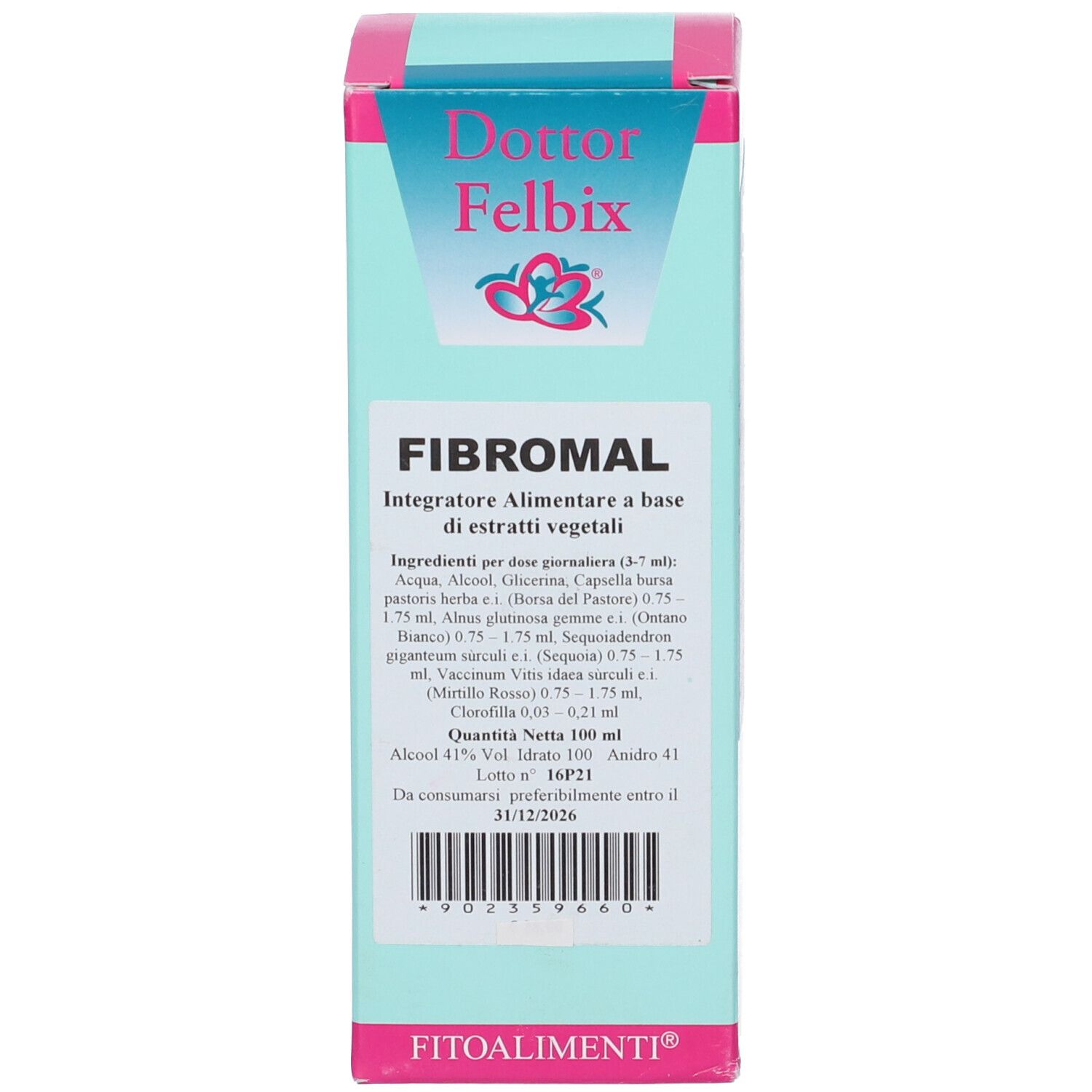 Confezione del prodotto. Scatola turchese con nome del prodotto e logo. Contiene informazioni e codice a barre.