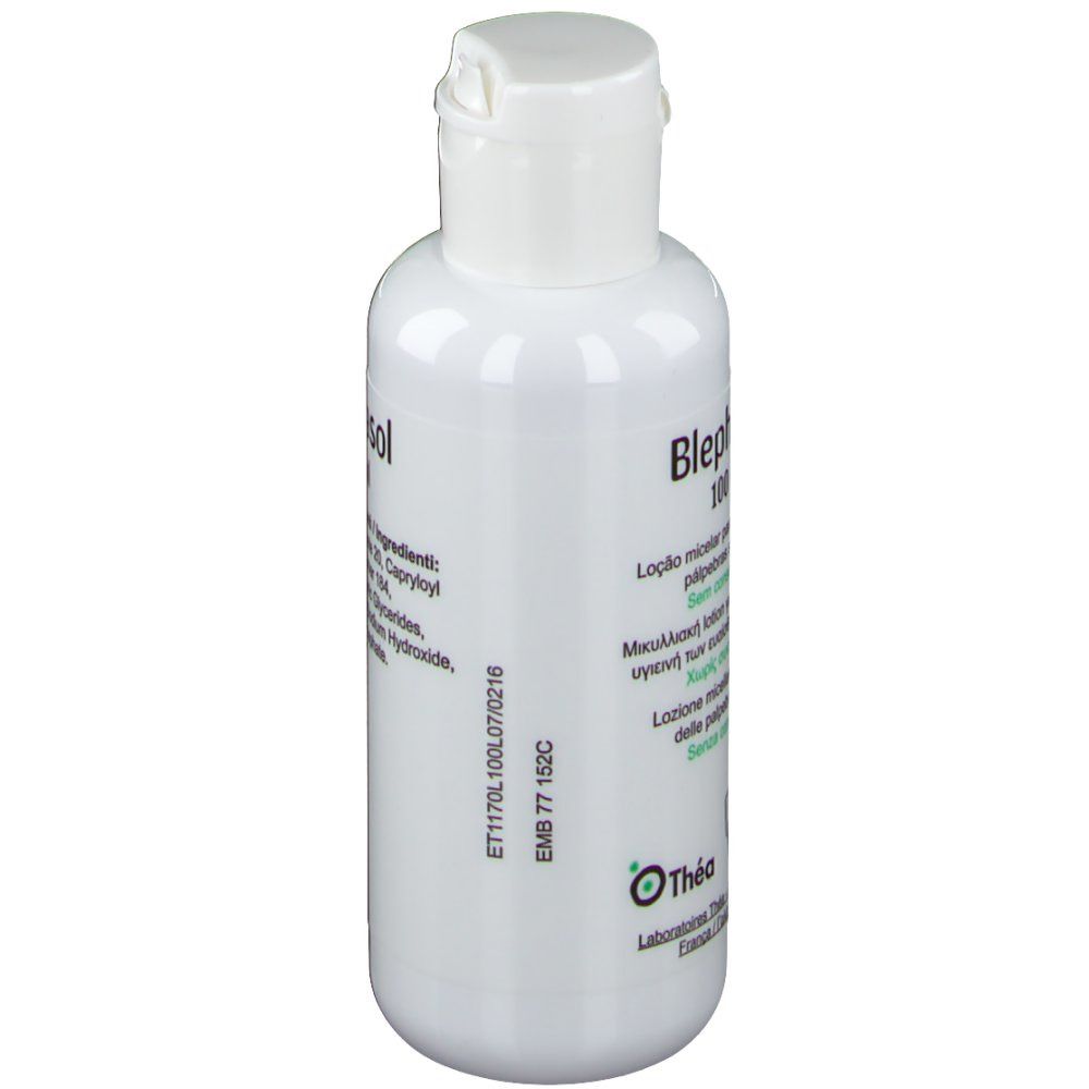 Flacone bianco con tappo a ribalta. Scritta: Blephasol. Testo multilingue. Logo Théa.