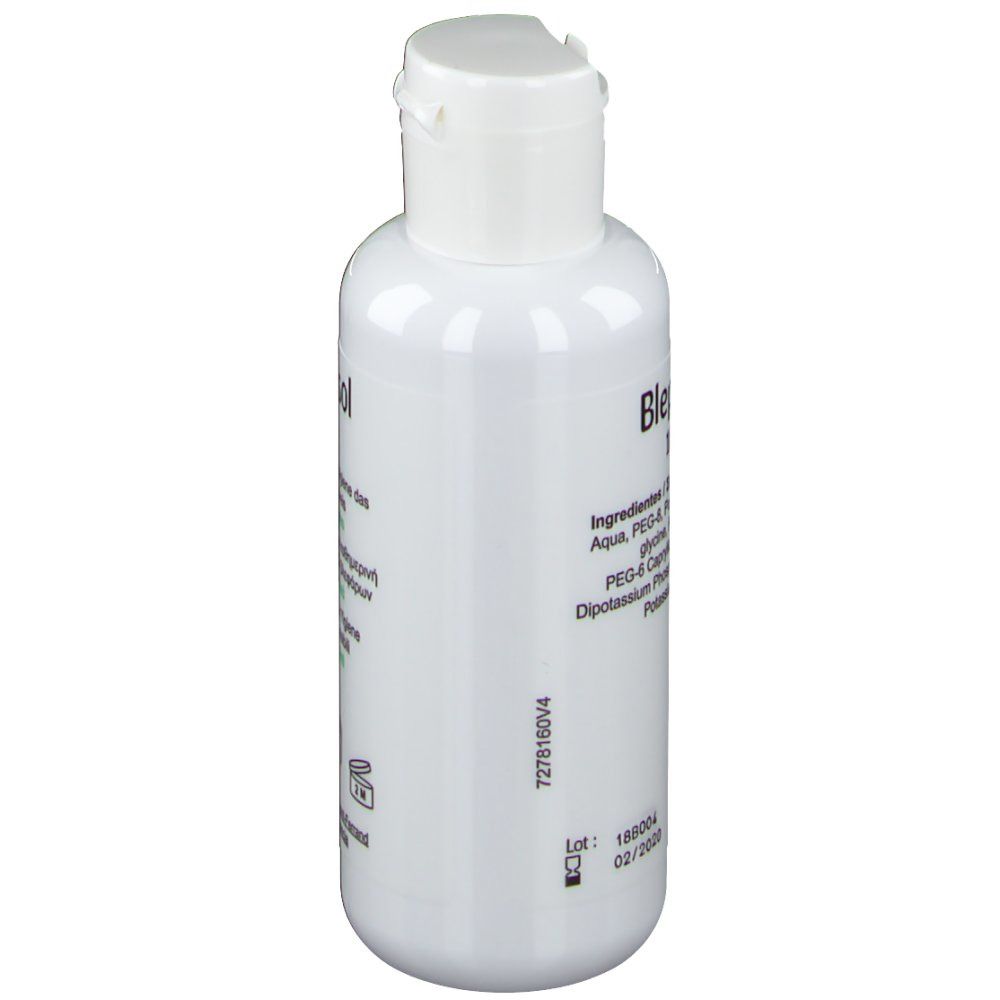 Flacone bianco con tappo a ribalta. Scritta: Blephasol. Elenco ingredienti e data di scadenza.