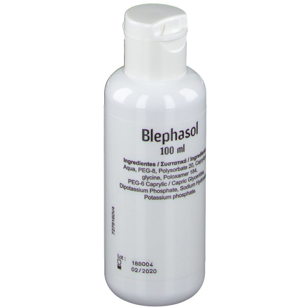 Flacone bianco con tappo a ribalta. Scritta: Blephasol, 100 ml. Elenco ingredienti e data di scadenza.