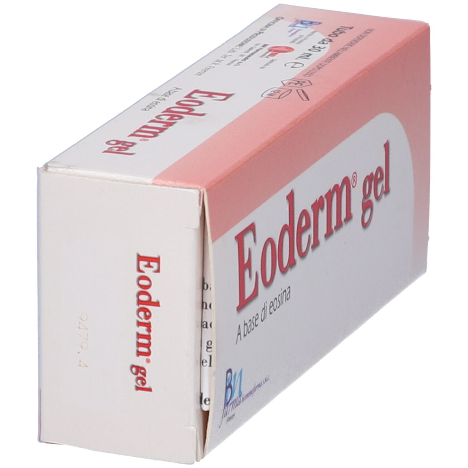 Scatola, vista obliqua. Scritta "Eoderm gel" in rosso. Design rosa e bianco. Logo in basso a sinistra.
