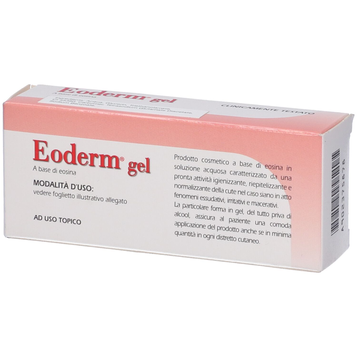 Scatola con scritta rossa "Eoderm gel". Sotto "A base di eosina". Testo e logo. Design rosa e bianco.