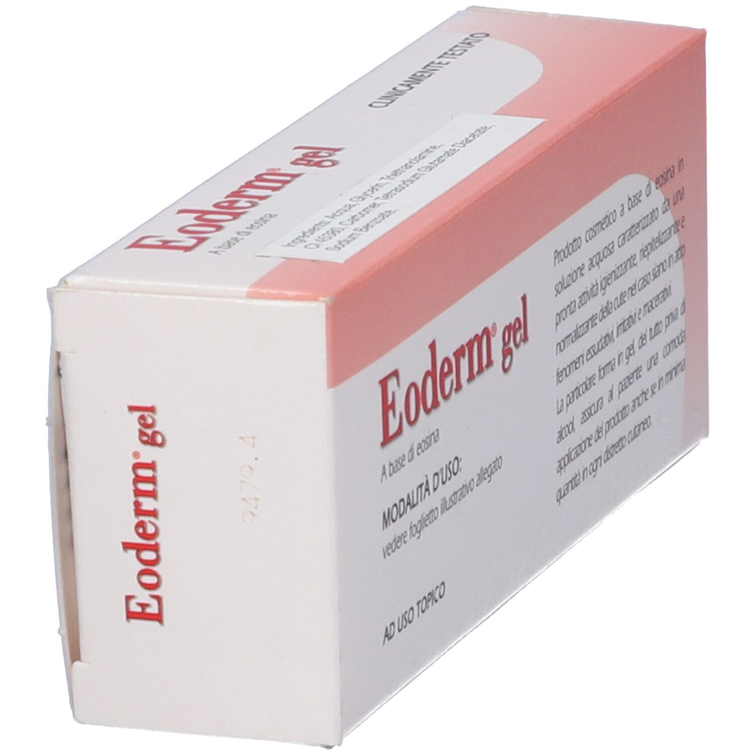 Scatola, vista obliqua. Scritta "Eoderm gel" in rosso. Design rosa e bianco. Testo e logo.