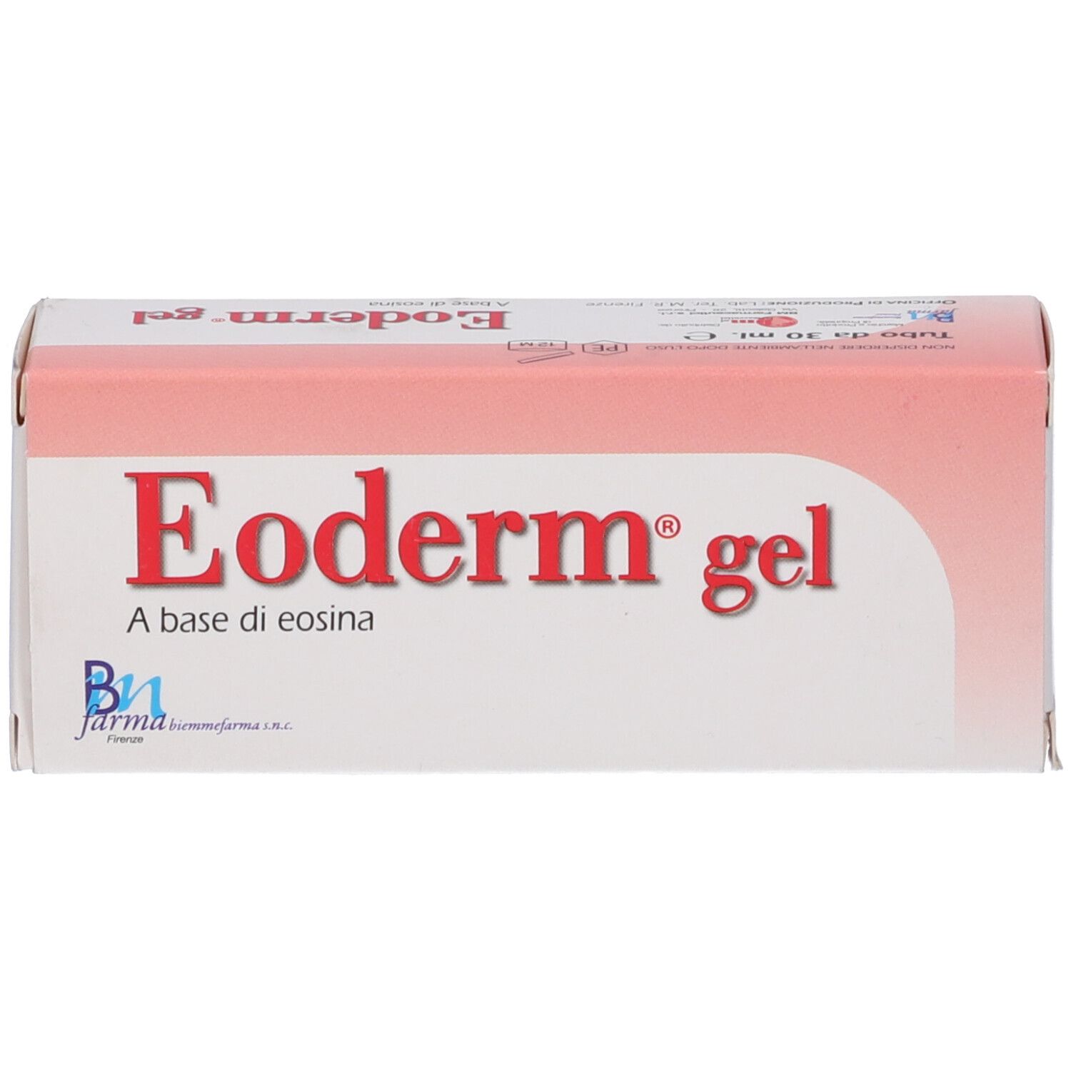 Scatola con scritta rossa "Eoderm gel". Sotto "A base di eosina" e logo. Design rosa e bianco.