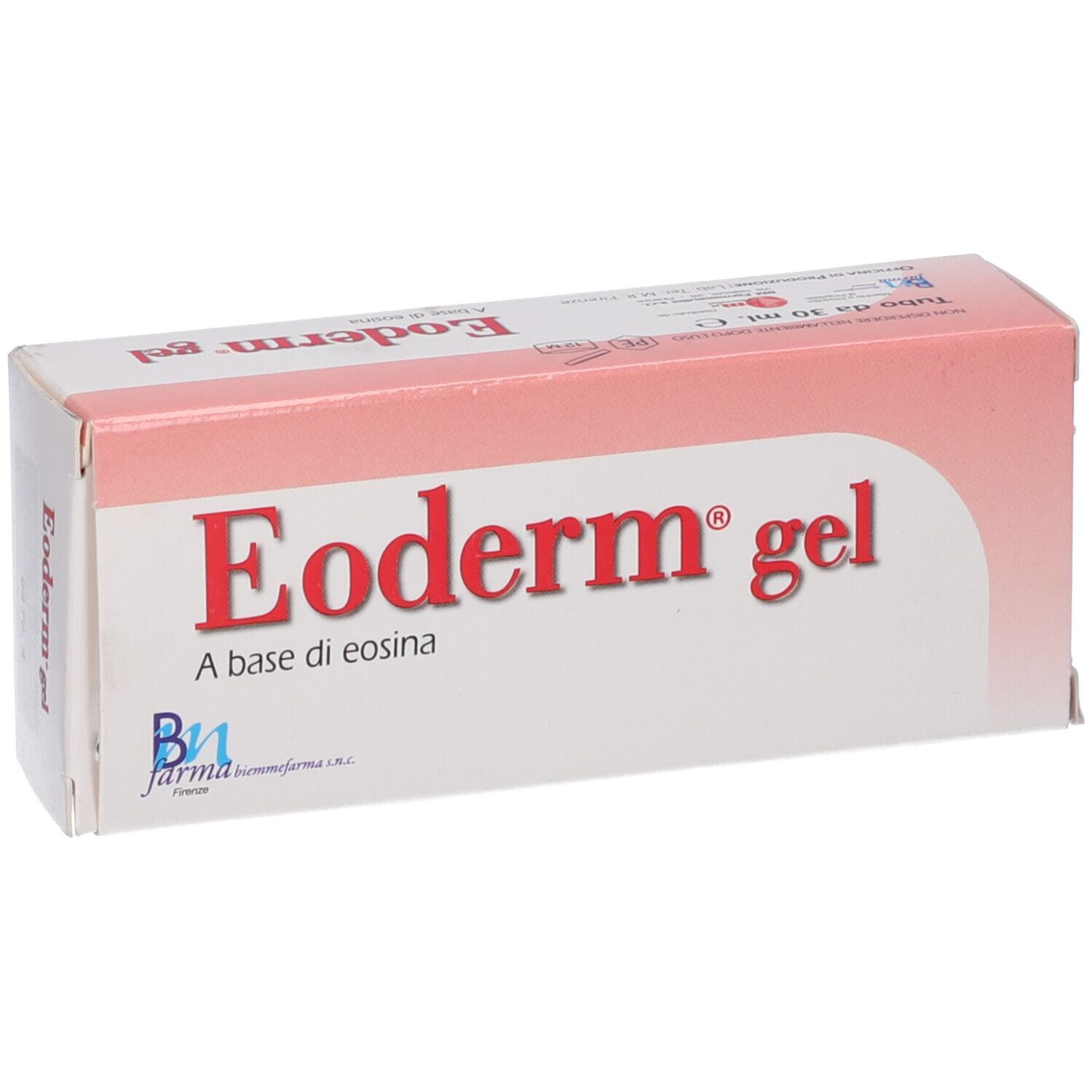 Scatola con scritta rossa "Eoderm gel". Sotto "A base di eosina" e logo. Design rosa e bianco.
