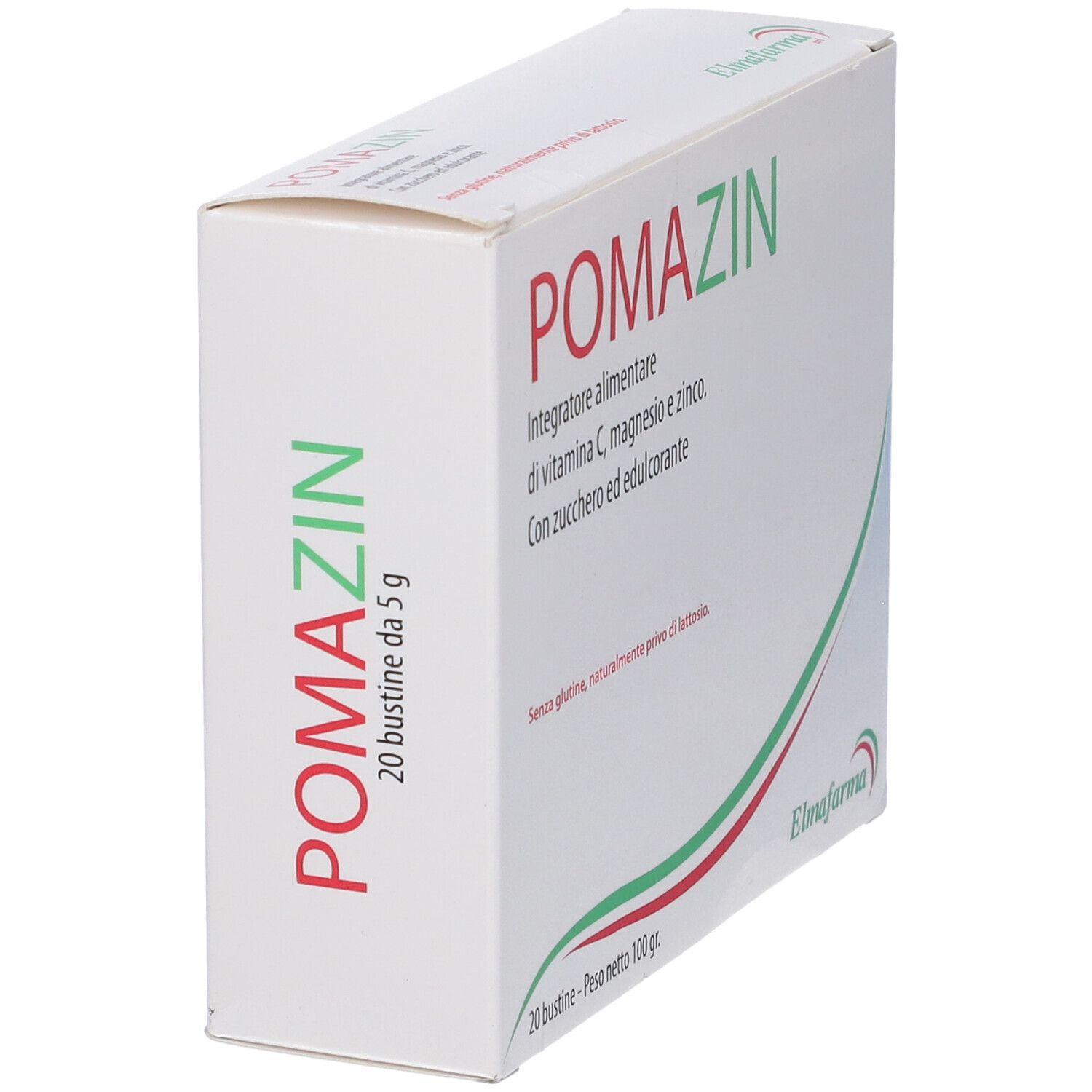 Scatola in diagonale. Nome del prodotto e informazioni visibili. Logo Elmafarma. 20 bustine, 5 g.