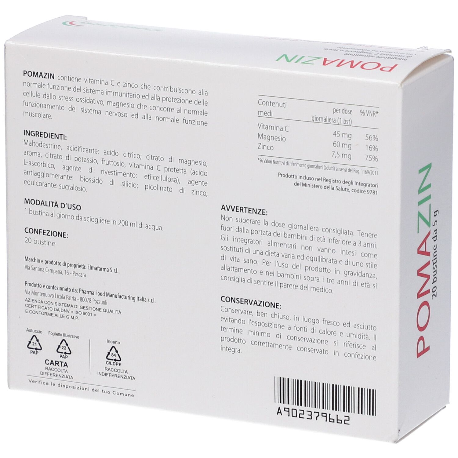 Retro della scatola con ingredienti, istruzioni per l'uso e avvertenze. Codice a barre.