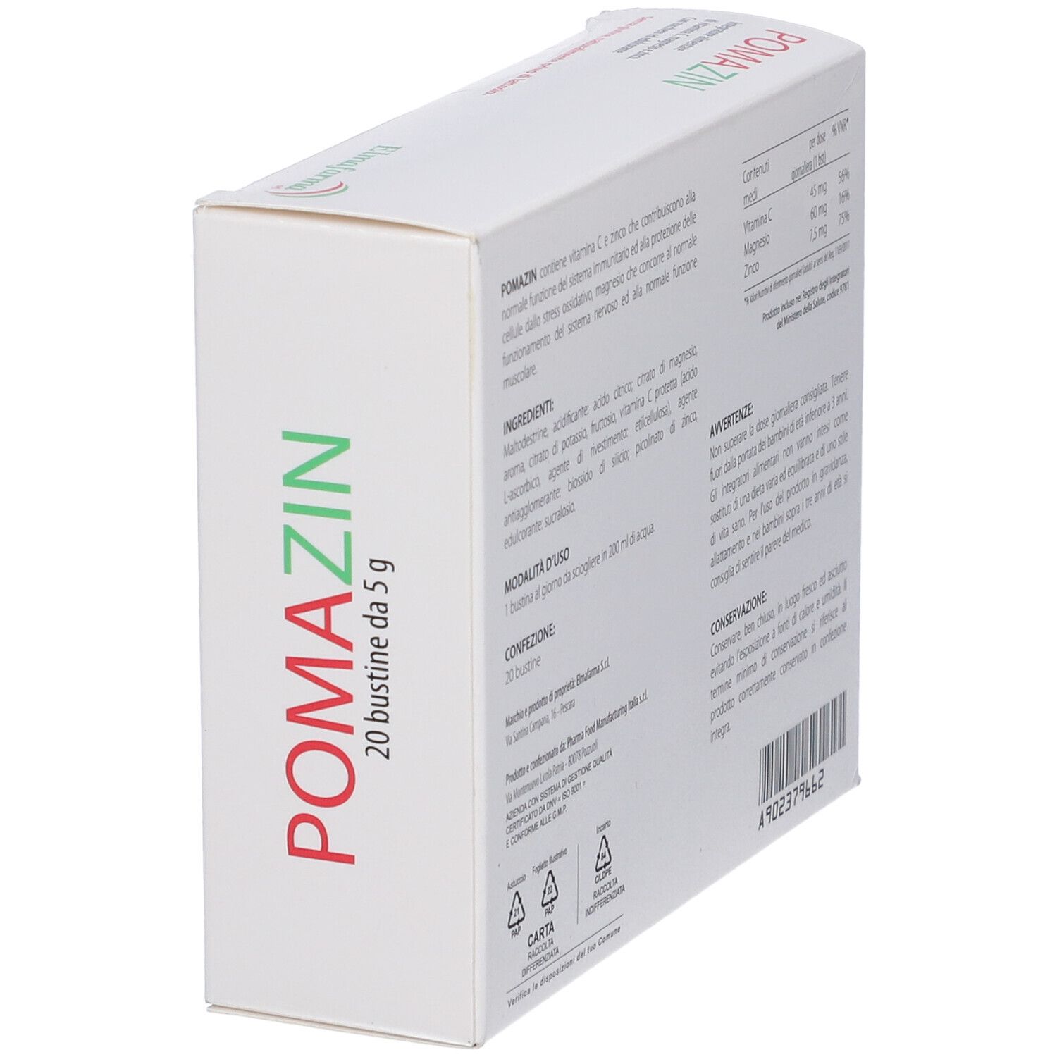 Scatola in diagonale. Retro con informazioni visibile. 20 bustine, 5 g. Codice a barre.
