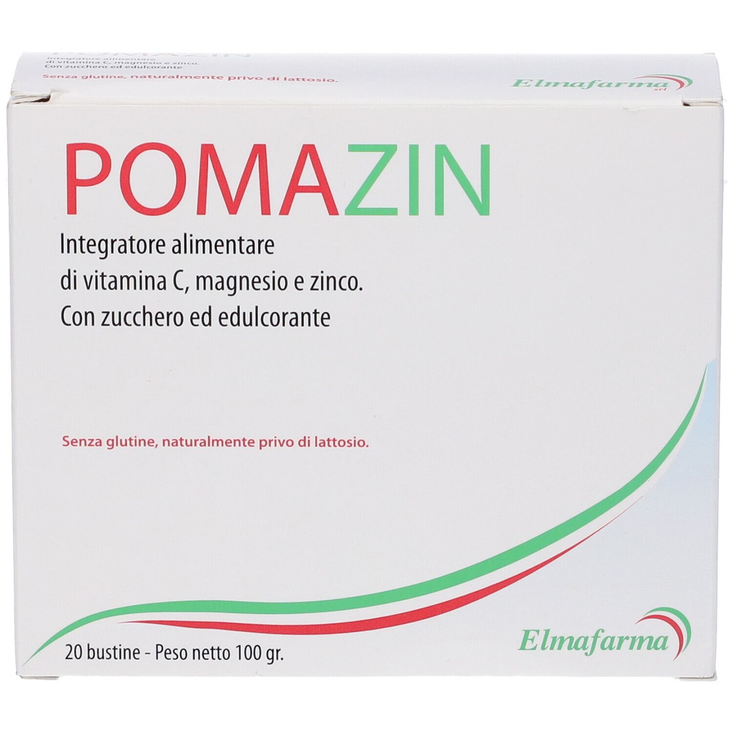 Scatola con nome del prodotto e informazioni. 20 bustine, 100 g. Logo Elmafarma. Forma a onda verde e rossa.