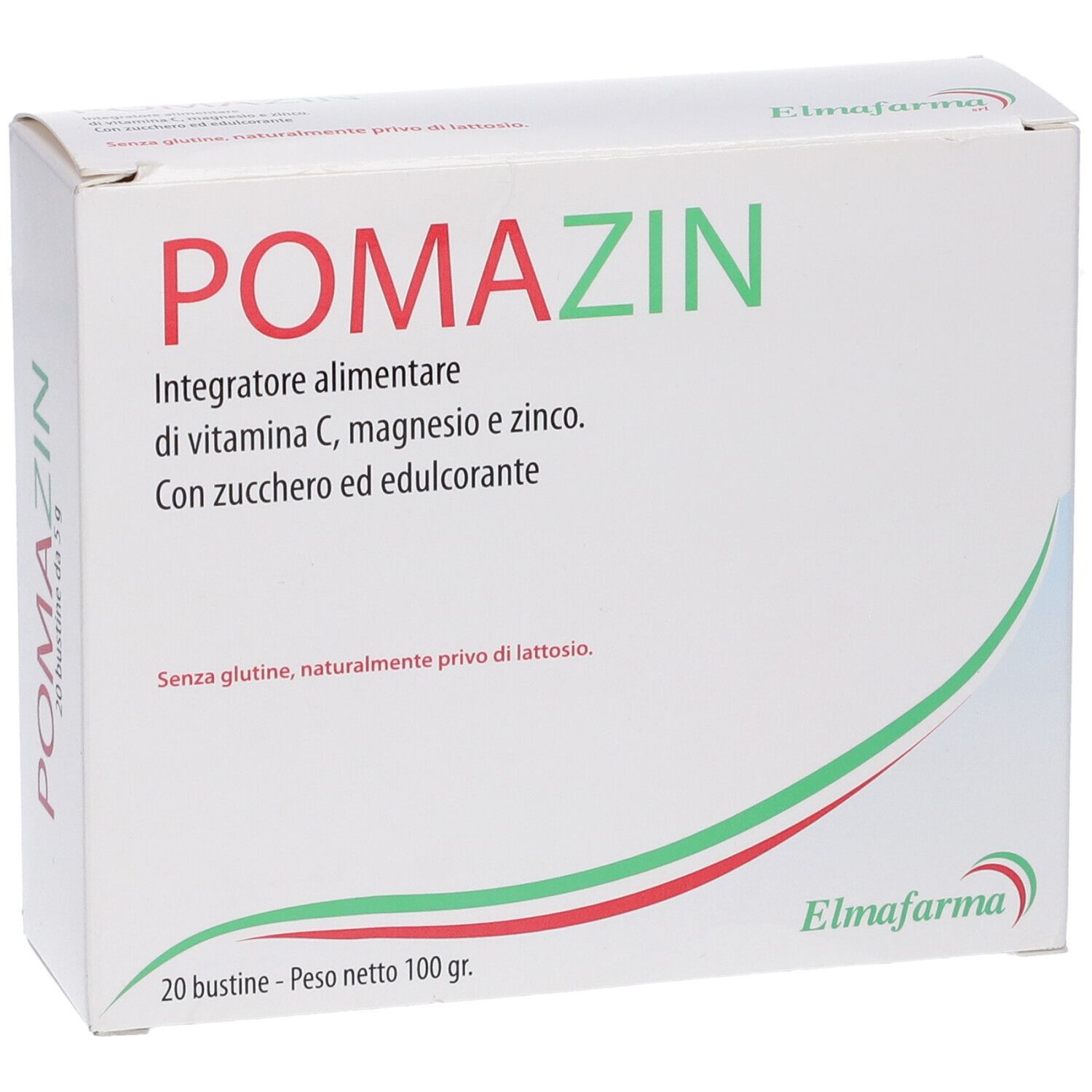 Scatola con nome del prodotto e informazioni. 20 bustine, 100 g. Logo Elmafarma. Forma a onda verde e rossa.