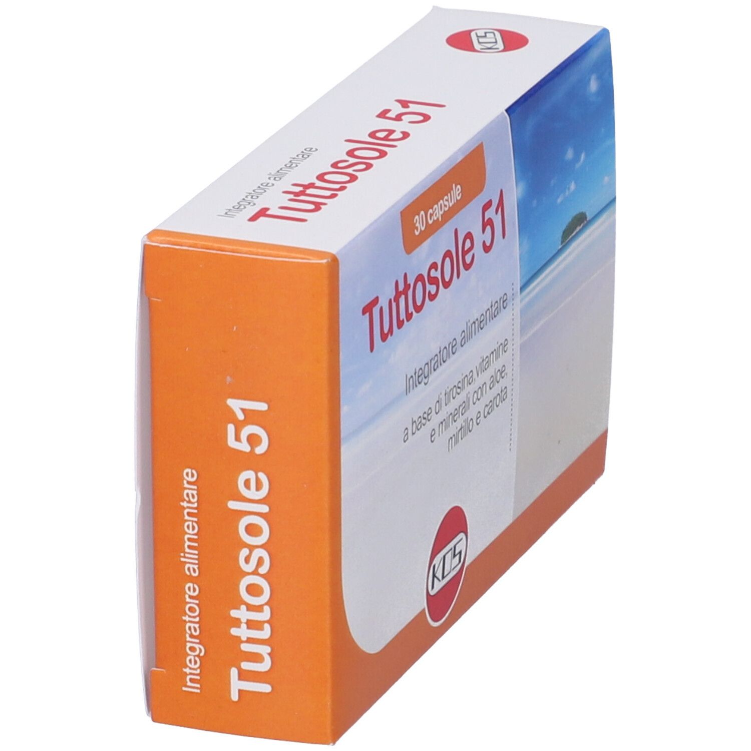 Scatola 'Tuttosole 51'. Design arancione e bianco. Nome e logo visibili. Vista prospettica. Sfondo: spiaggia e mare.