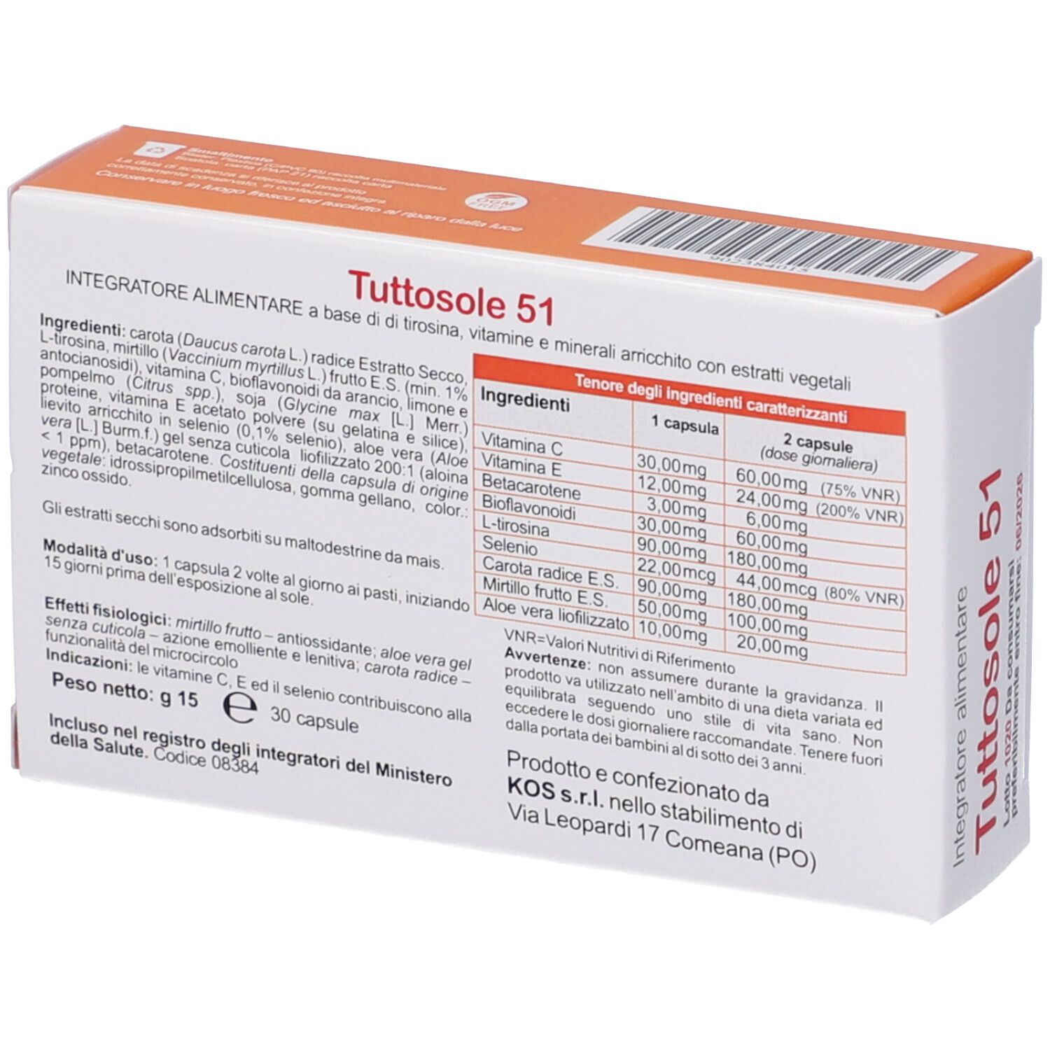 Retro della confezione 'Tuttosole 51'. Contiene informazioni su ingredienti, dosaggio e produttore. Testo in italiano.