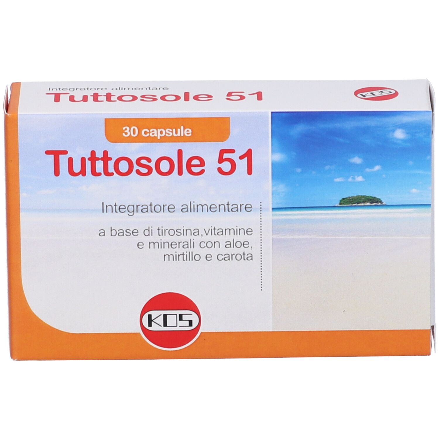 Scatola 'Tuttosole 51' con 30 capsule. Design arancione e bianco. Nome, logo e ingredienti visibili. Sfondo: spiaggia.