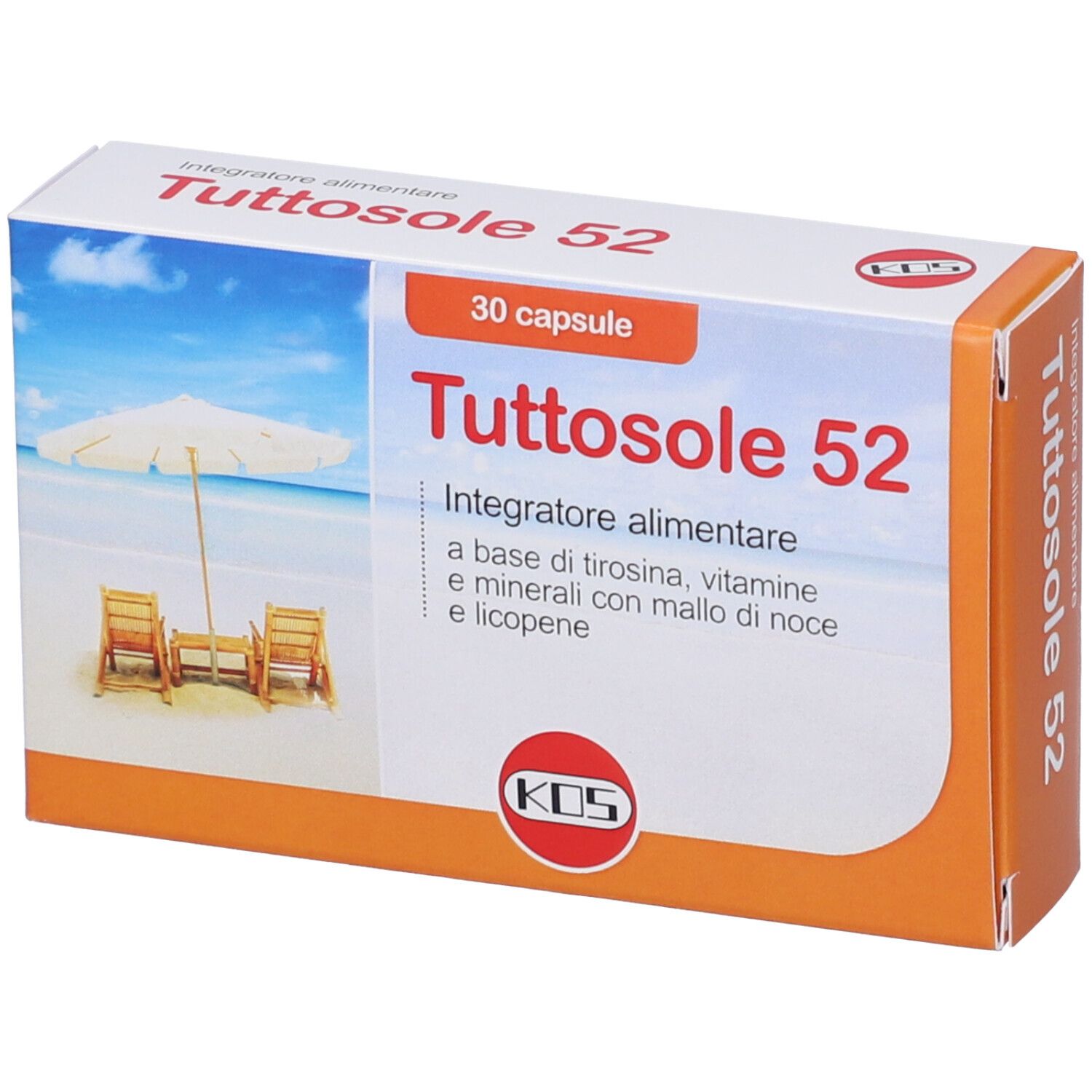 Confezione "Tuttosole 52" con 30 capsule. Immagine spiaggia con sedie a sdraio e ombrellone. Nome e logo.