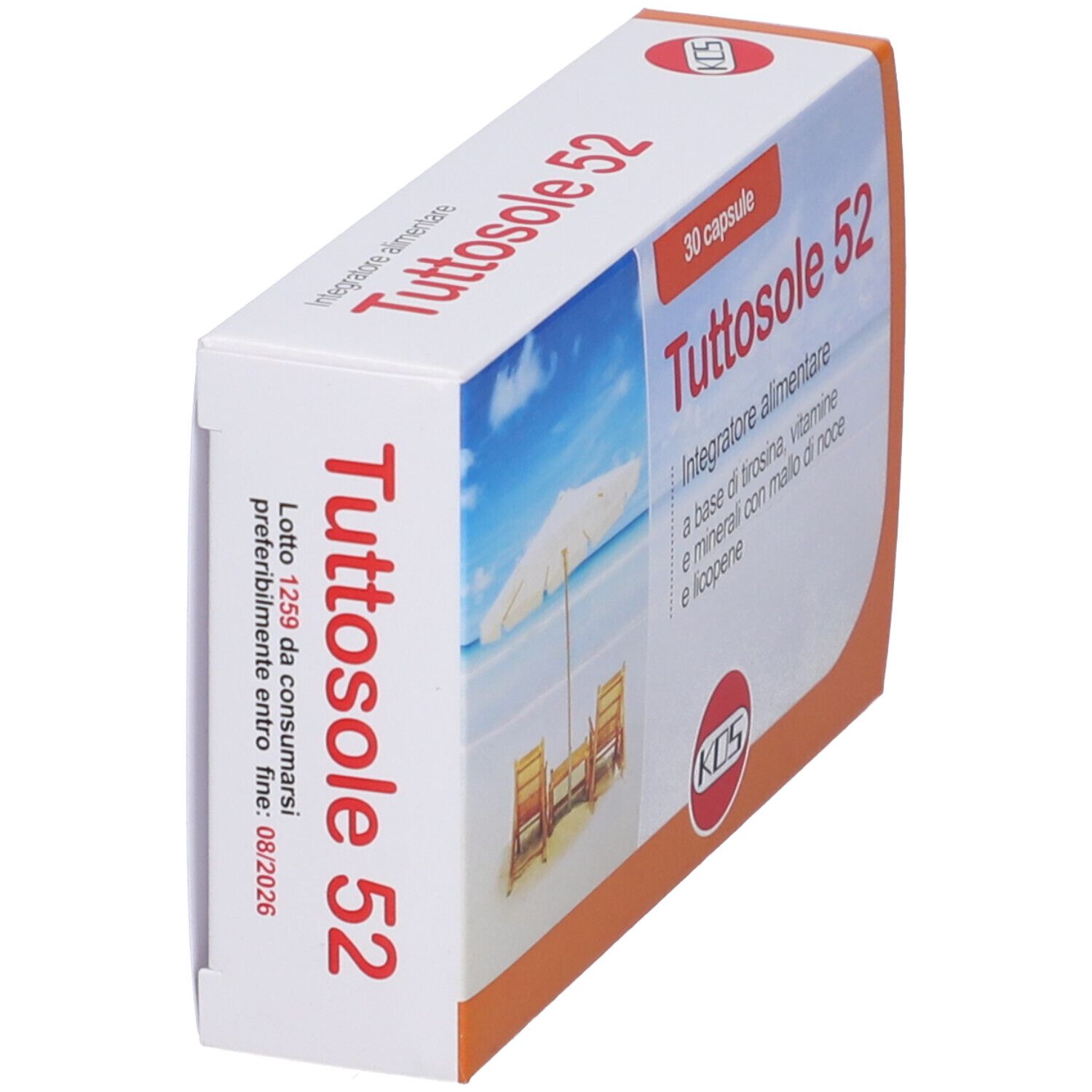 Vista obliqua della confezione "Tuttosole 52". 30 capsule. Spiaggia, sedie a sdraio, ombrellone. Nome e logo.