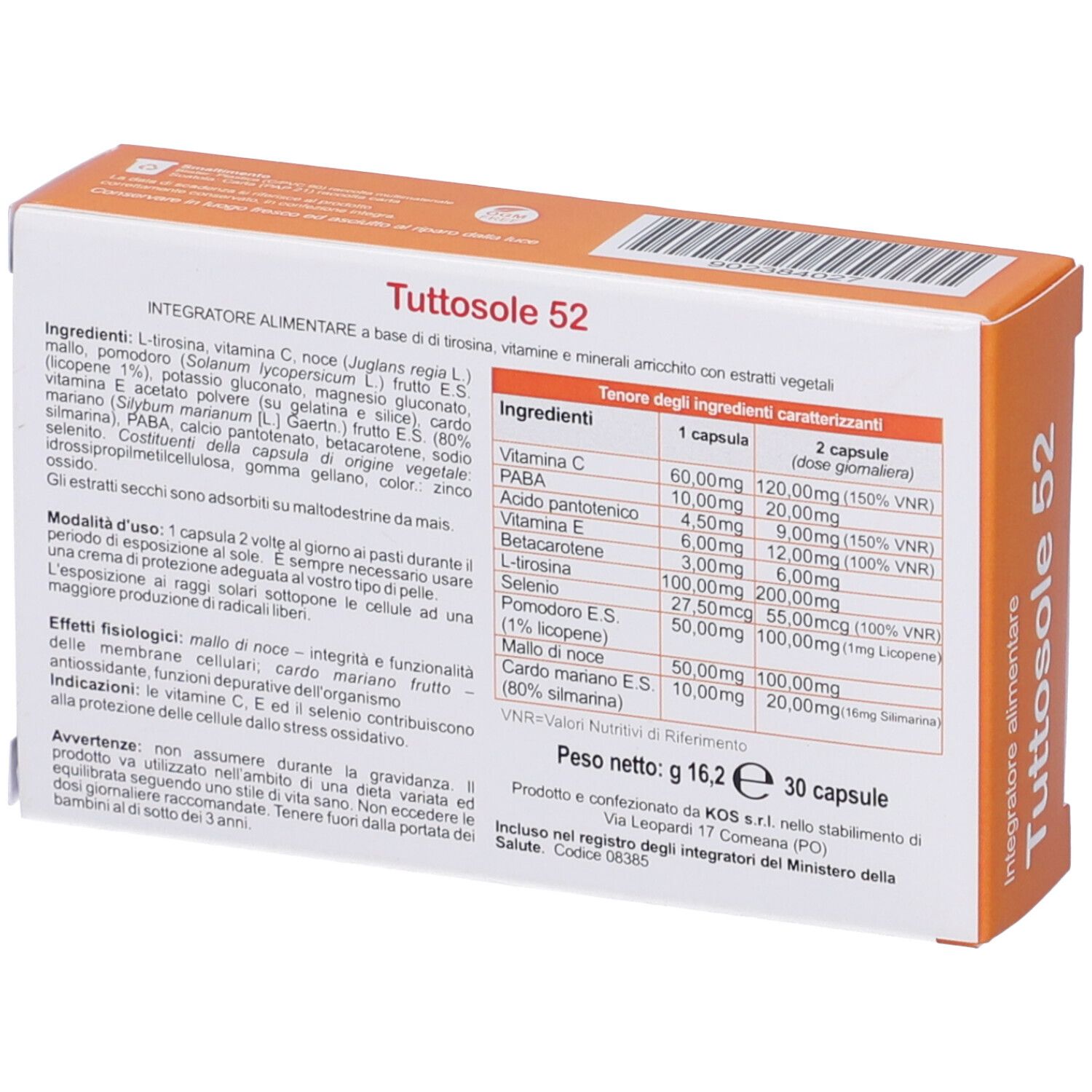 Retro della confezione "Tuttosole 52". Ingredienti e informazioni nutrizionali. Testo in italiano.