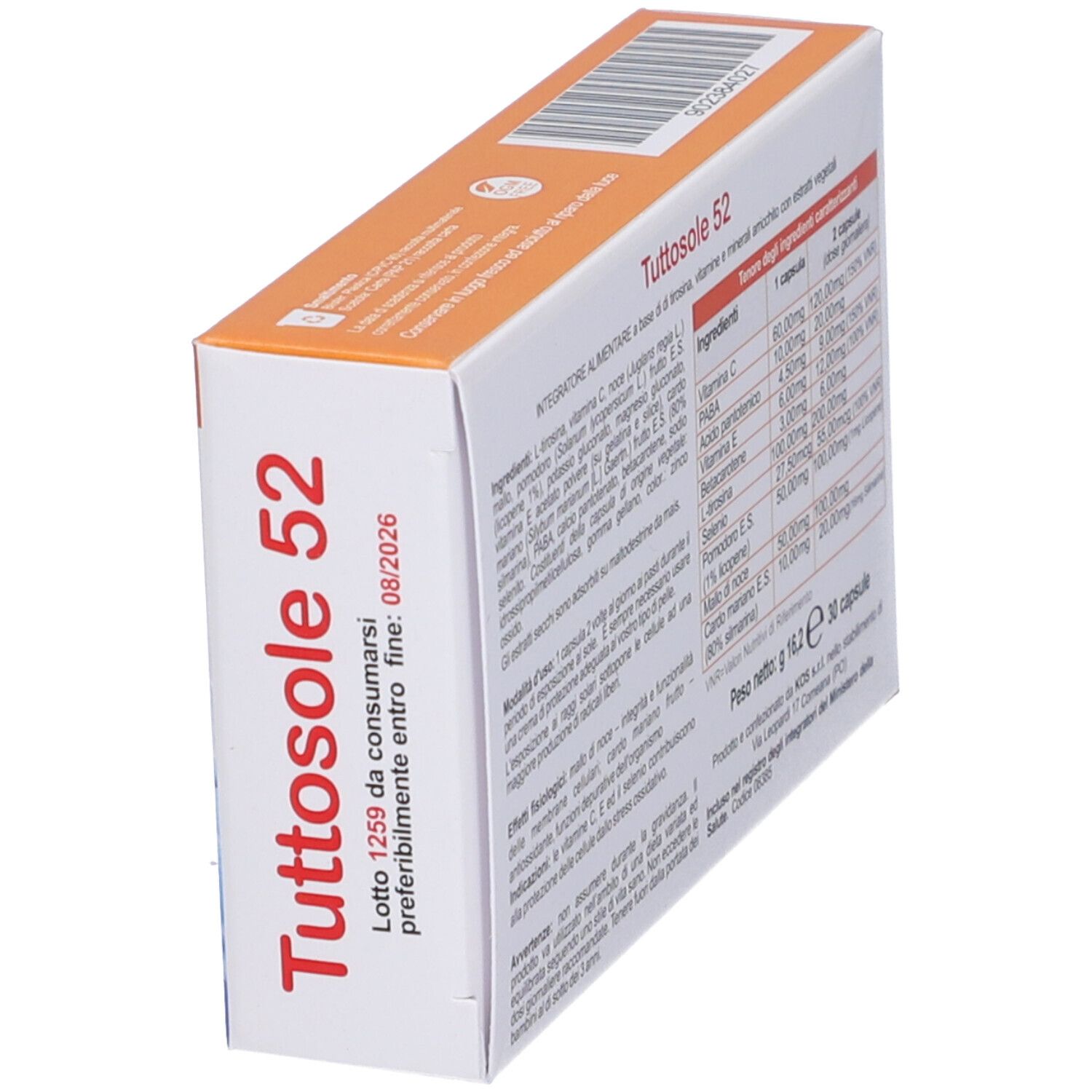 Vista obliqua della confezione "Tuttosole 52". Ingredienti e informazioni nutrizionali. Testo in italiano.