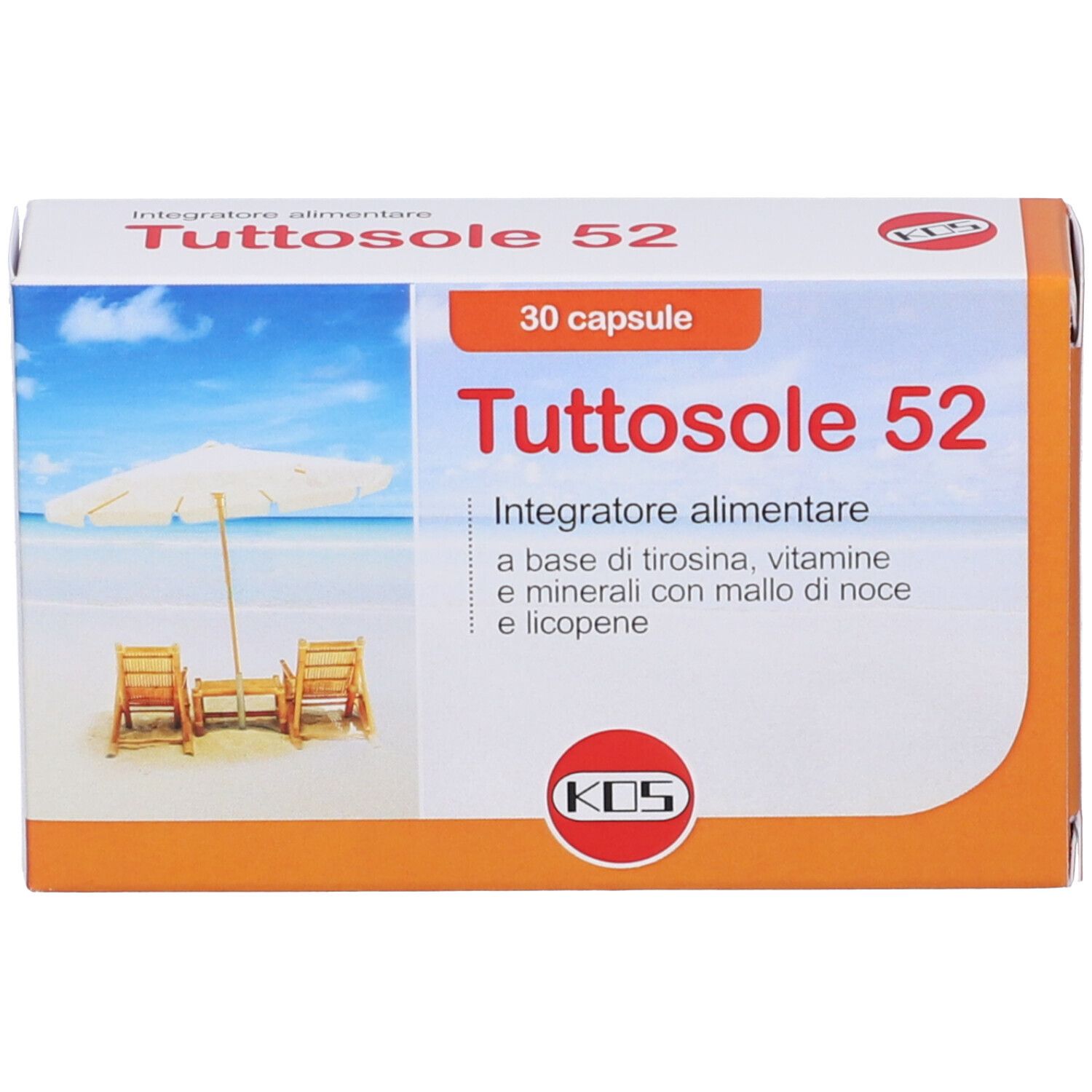 Confezione "Tuttosole 52" con 30 capsule. Immagine spiaggia con sedie a sdraio e ombrellone. Nome e logo.