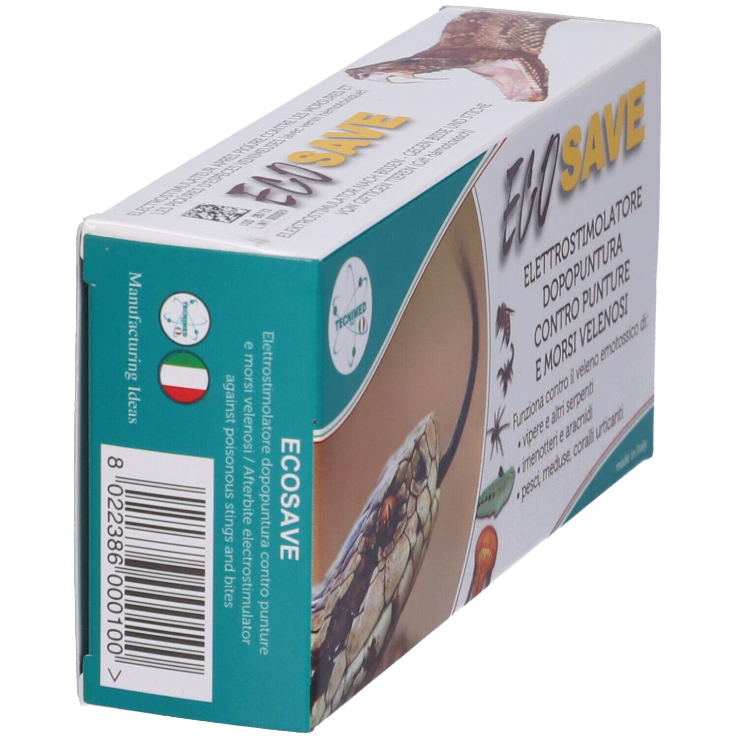 Lato della confezione Ecosave. Testo: Elettrostimolatore dopopuntura contro punture e morsi velenosi. Made in Italy. Codice a barre.