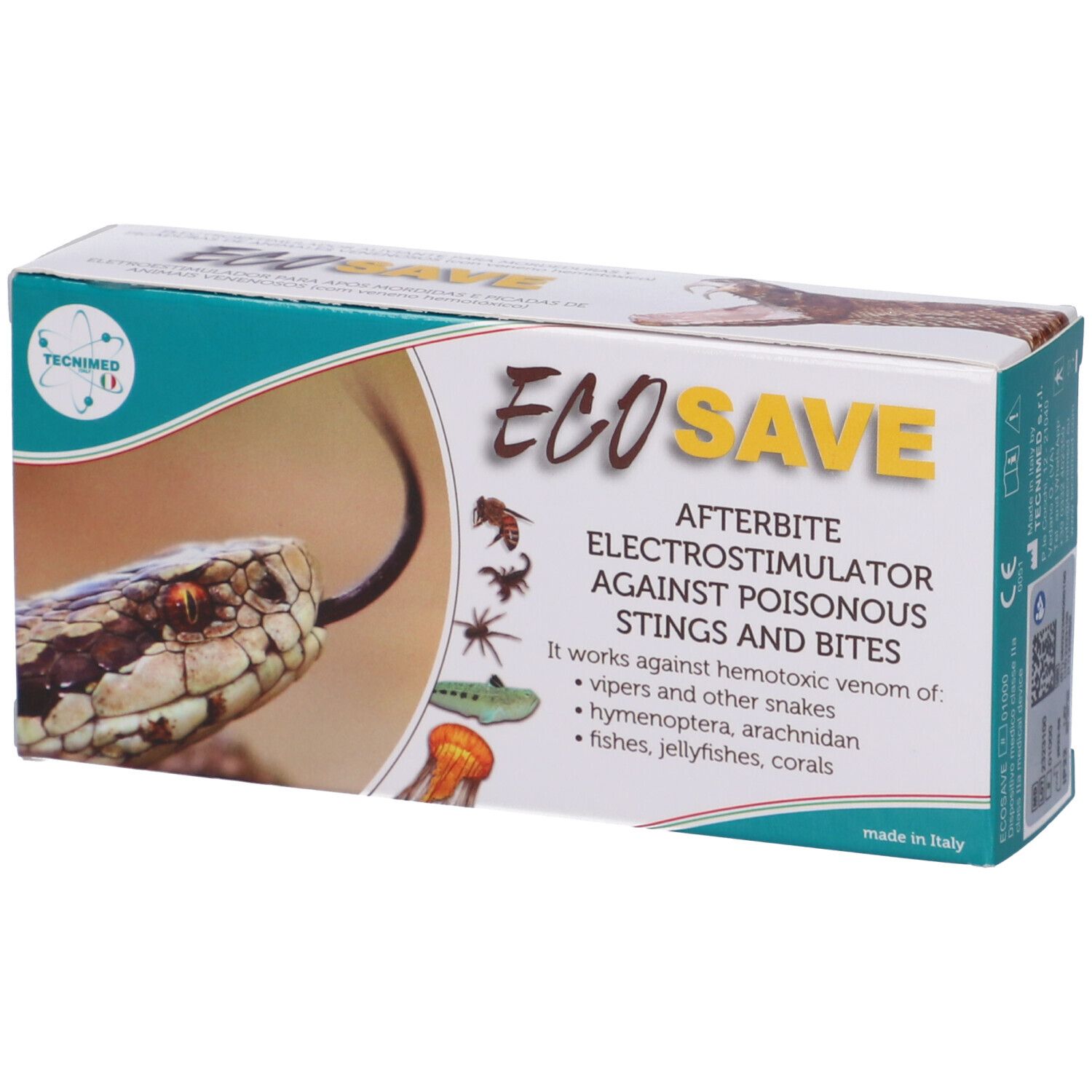 Confezione Ecosave. Scritta: Afterbite Elettrostimolatore against poisonous stings and bites. Immagini di insetti e serpente.