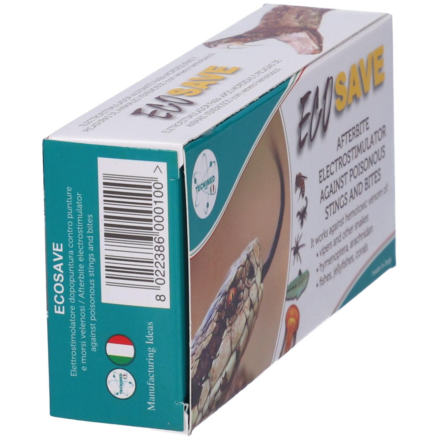 Lato della confezione Ecosave. Testo: Afterbite Elettrostimolatore against poisonous stings and bites. Codice a barre.