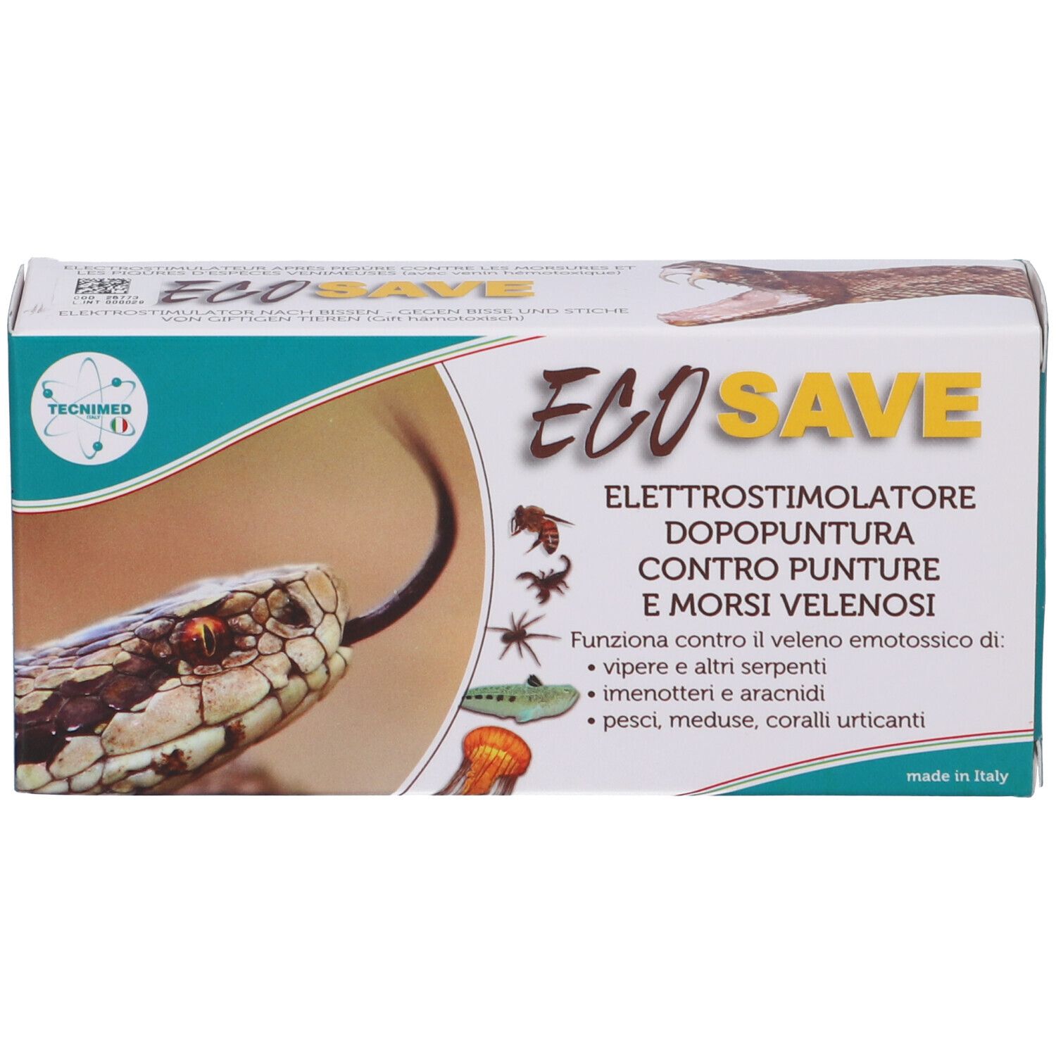 Confezione Ecosave. Scritta: Elettrostimolatore dopopuntura contro punture e morsi velenosi. Immagini di insetti e serpente.