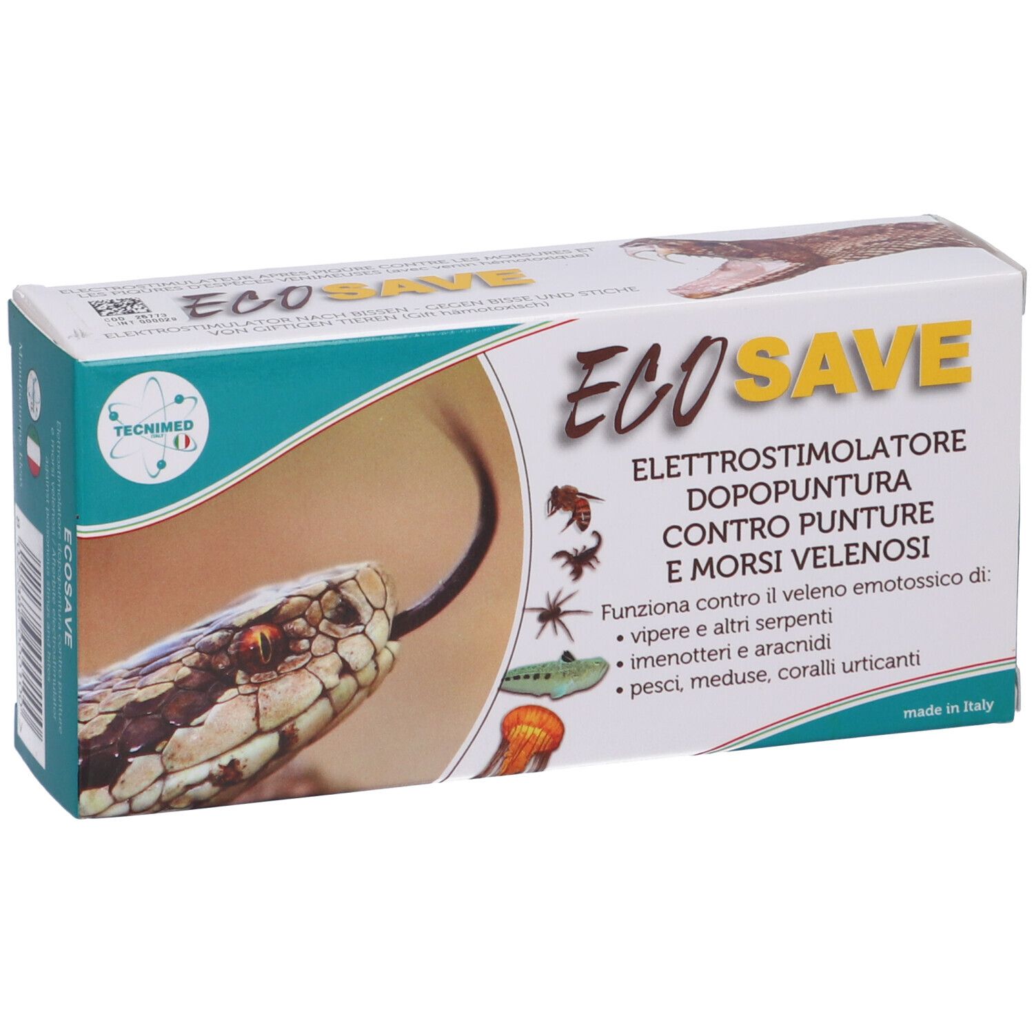 Confezione Ecosave. Scritta: Elettrostimolatore dopopuntura contro punture e morsi velenosi. Immagini di insetti e serpente.