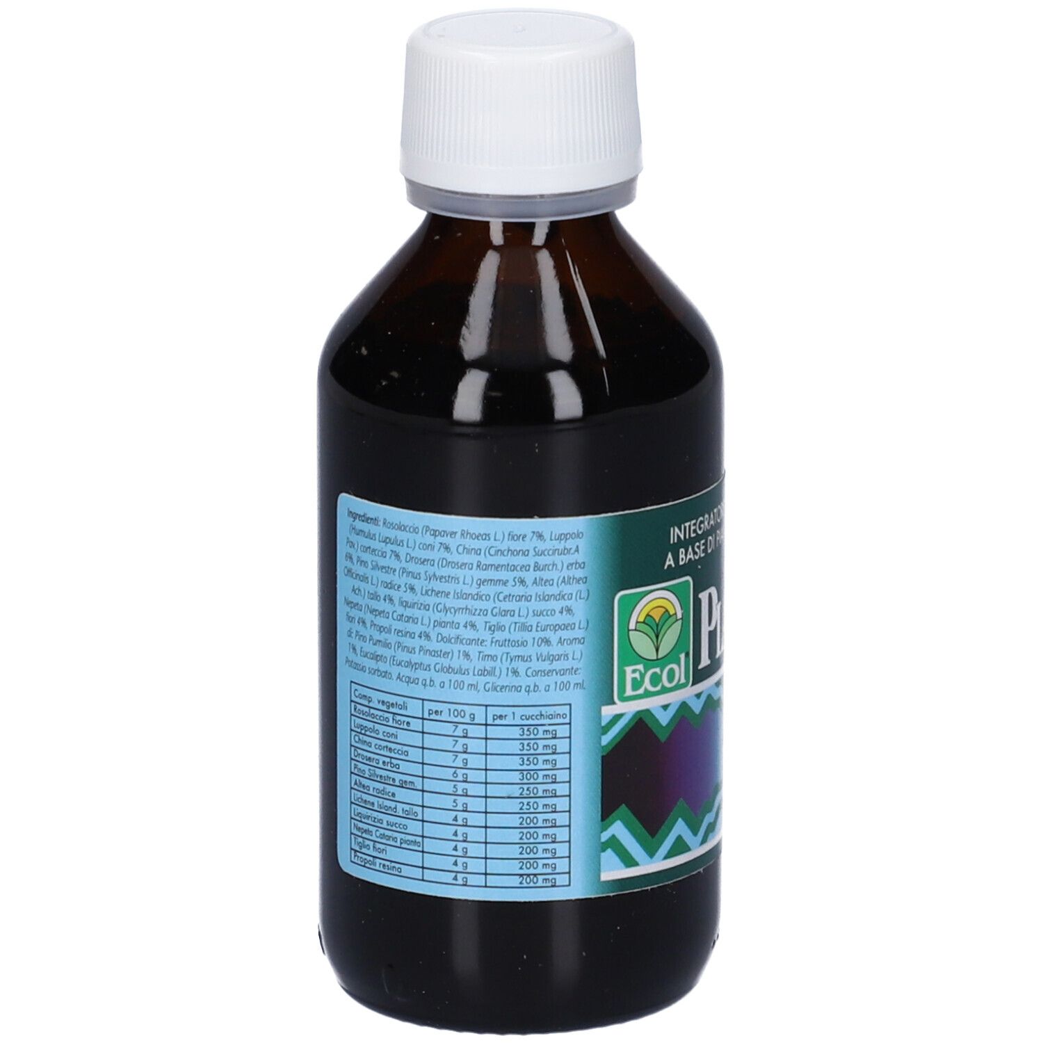 Flacone marrone con tappo bianco. L'etichetta mostra ingredienti e valori nutrizionali.