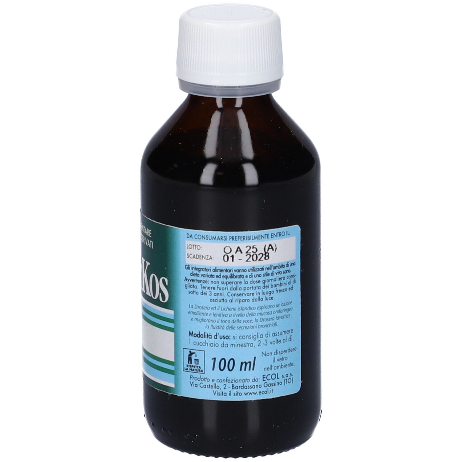 Flacone marrone con tappo bianco. L'etichetta riporta "Plackos" e "100 ml".