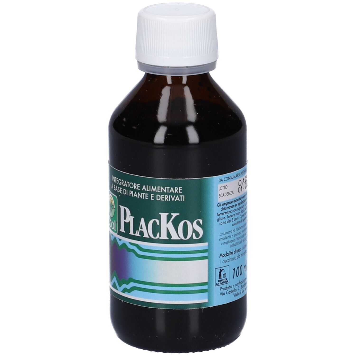 Flacone marrone con tappo bianco. L'etichetta riporta "Plackos" e "Ecol".