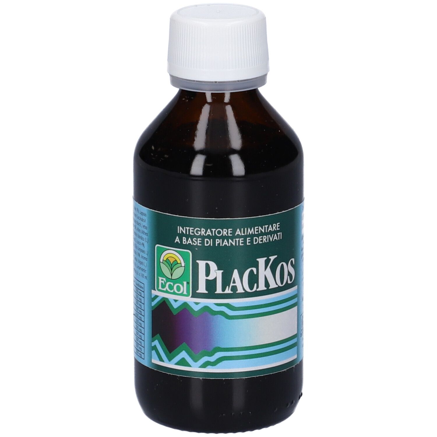 Flacone marrone con tappo bianco. L'etichetta riporta "Plackos" e "Ecol".