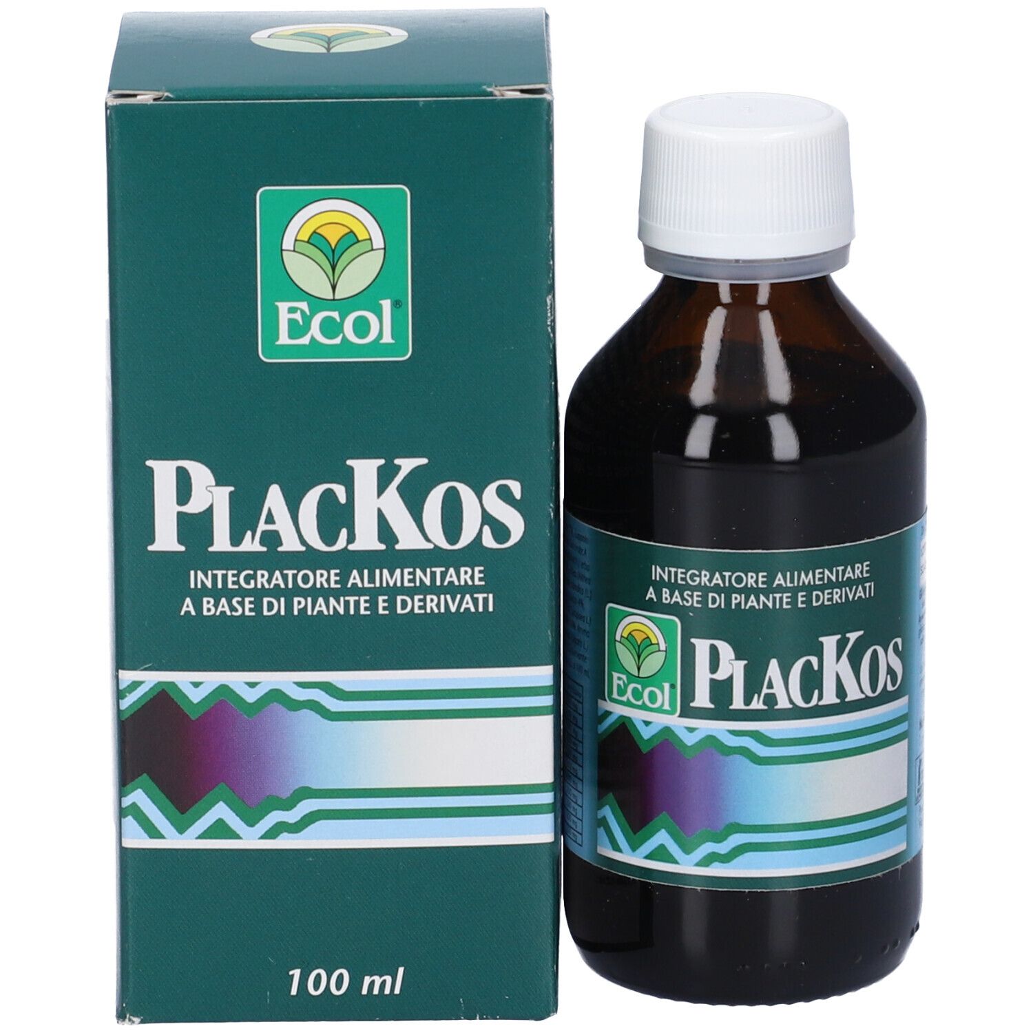 Flacone e confezione del prodotto. Sulla confezione c'è scritto "Plackos" e "Ecol".