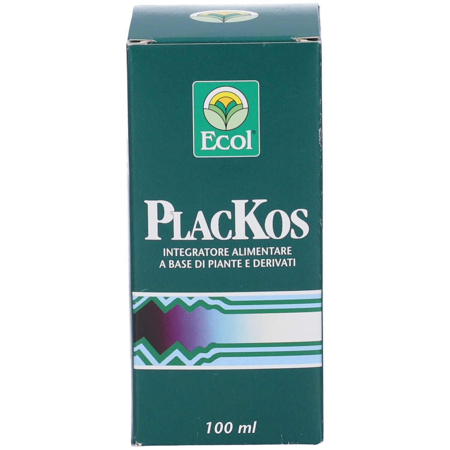 Confezione verde con testo bianco. Sulla confezione c'è scritto "Plackos" e "Ecol".