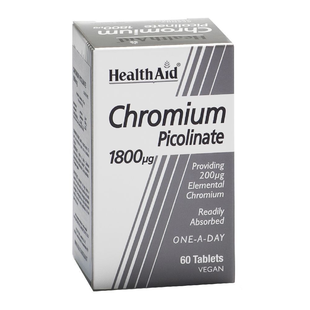 HealthAid Chromium Picolinate. 1800µg, 60 compresse. Vegano. Confezione grigia e bianca.