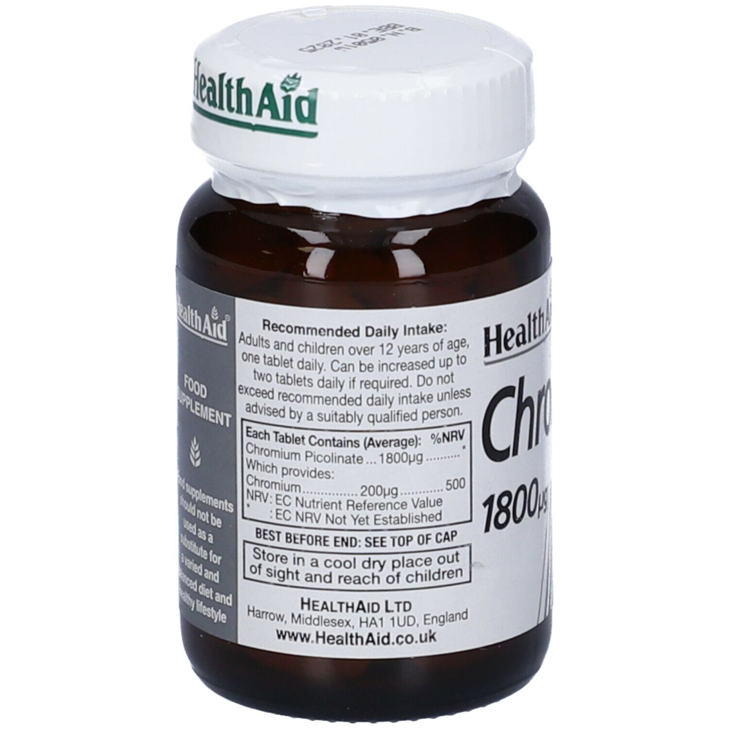Flacone marrone HealthAid Chromium Picolinate. Contiene 60 compresse. Tappo bianco. Etichetta informativa.