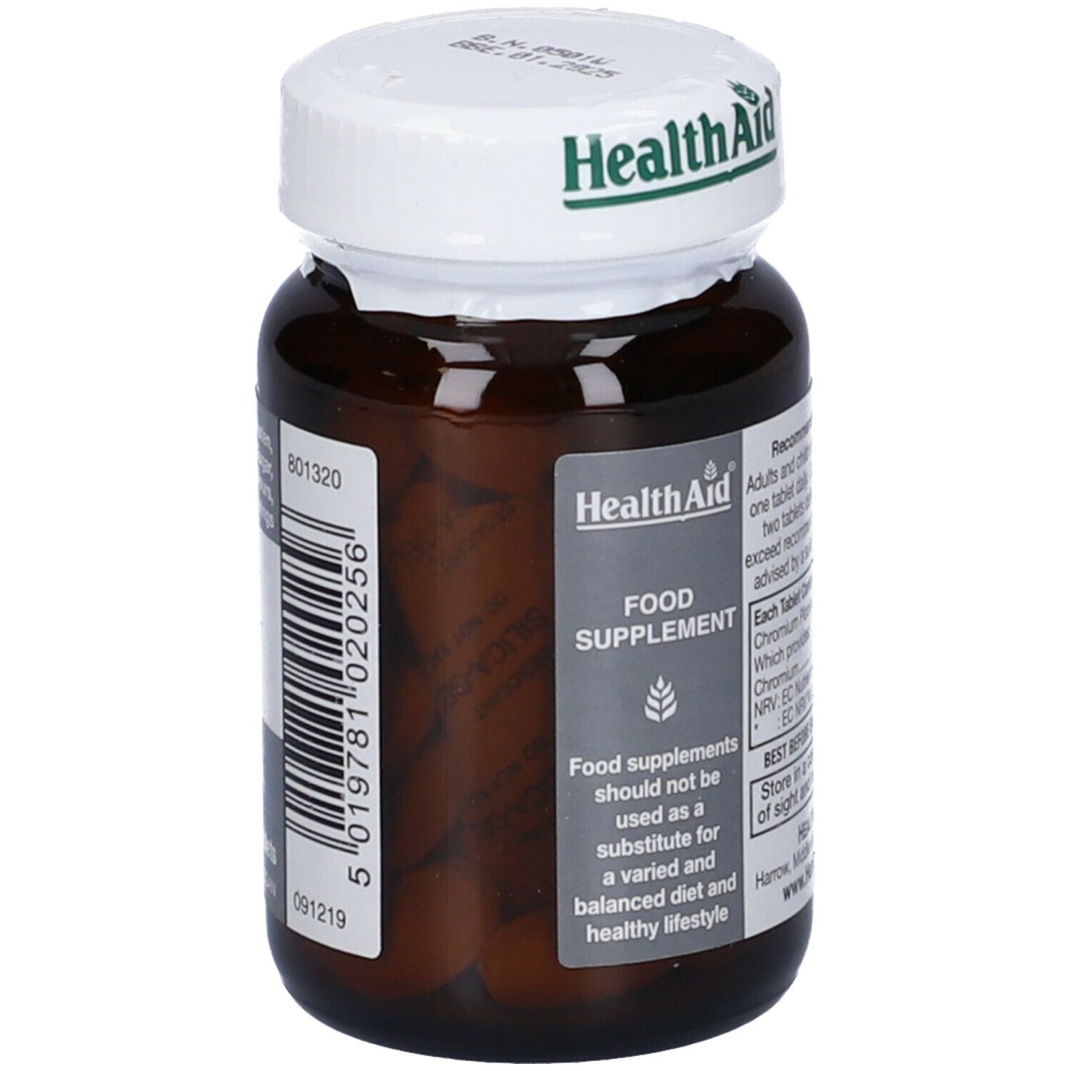 Flacone marrone HealthAid. Codice a barre ed etichetta informativa. Contiene compresse.