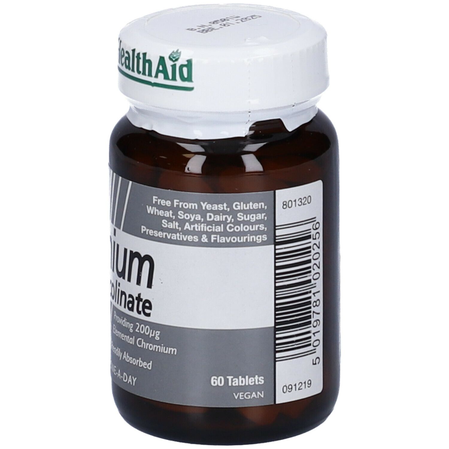 Flacone marrone HealthAid Chromium Picolinate. Contiene 60 compresse. Tappo bianco. Etichetta informativa.
