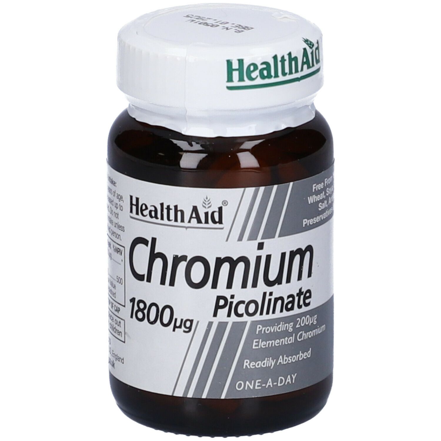 Flacone marrone HealthAid Chromium Picolinate. Contiene 60 compresse. Tappo bianco. Etichetta informativa.