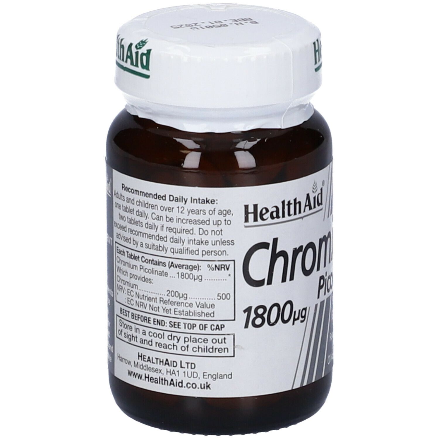 Flacone marrone HealthAid Chromium Picolinate. Contiene 60 compresse. Tappo bianco. Etichetta informativa.