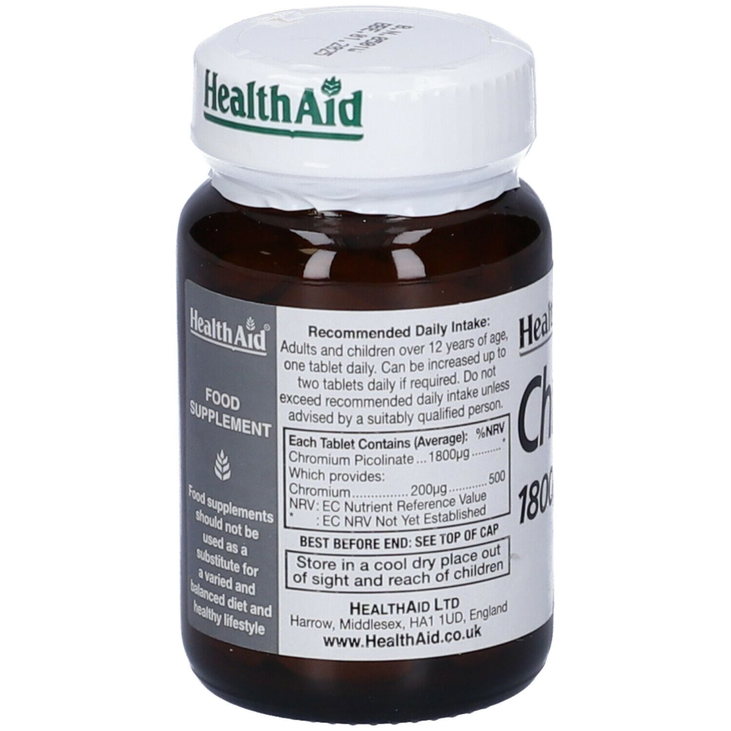 Flacone marrone HealthAid Chromium Picolinate. Contiene 60 compresse. Tappo bianco. Etichetta informativa.