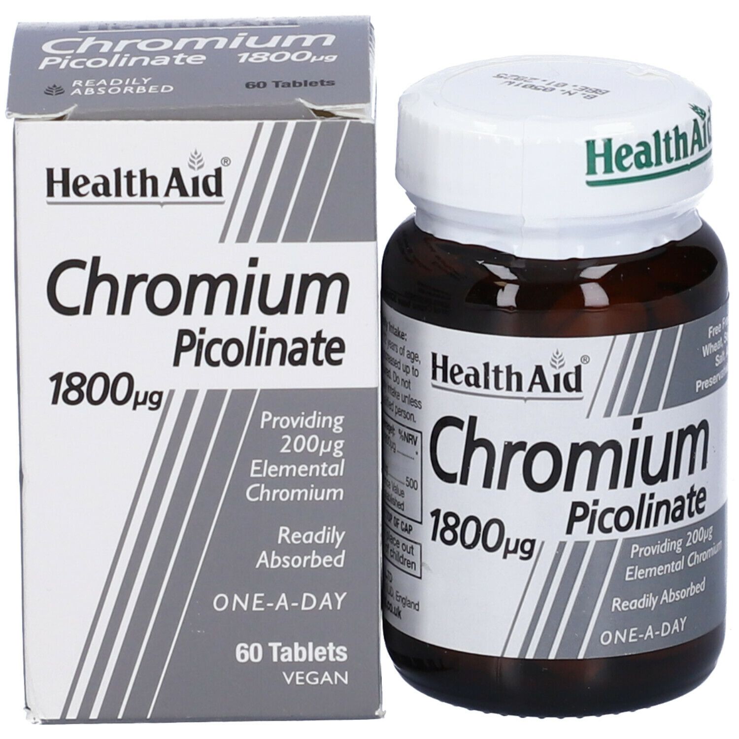 HealthAid Chromium Picolinate, 60 compresse e flacone. Tappo bianco. Confezione grigia e bianca.